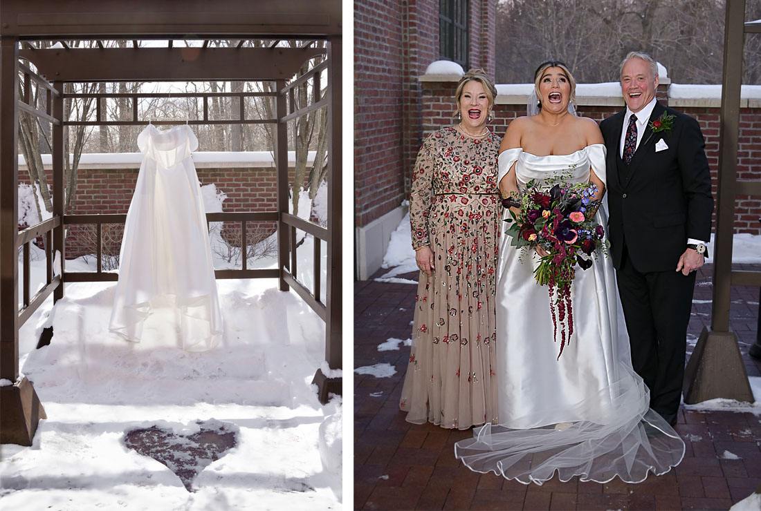 The bride's dress hangs over snow and she shares a laugh with her parents at 2GatherMore, a wedding venue in Auburn Hills, Michigan.