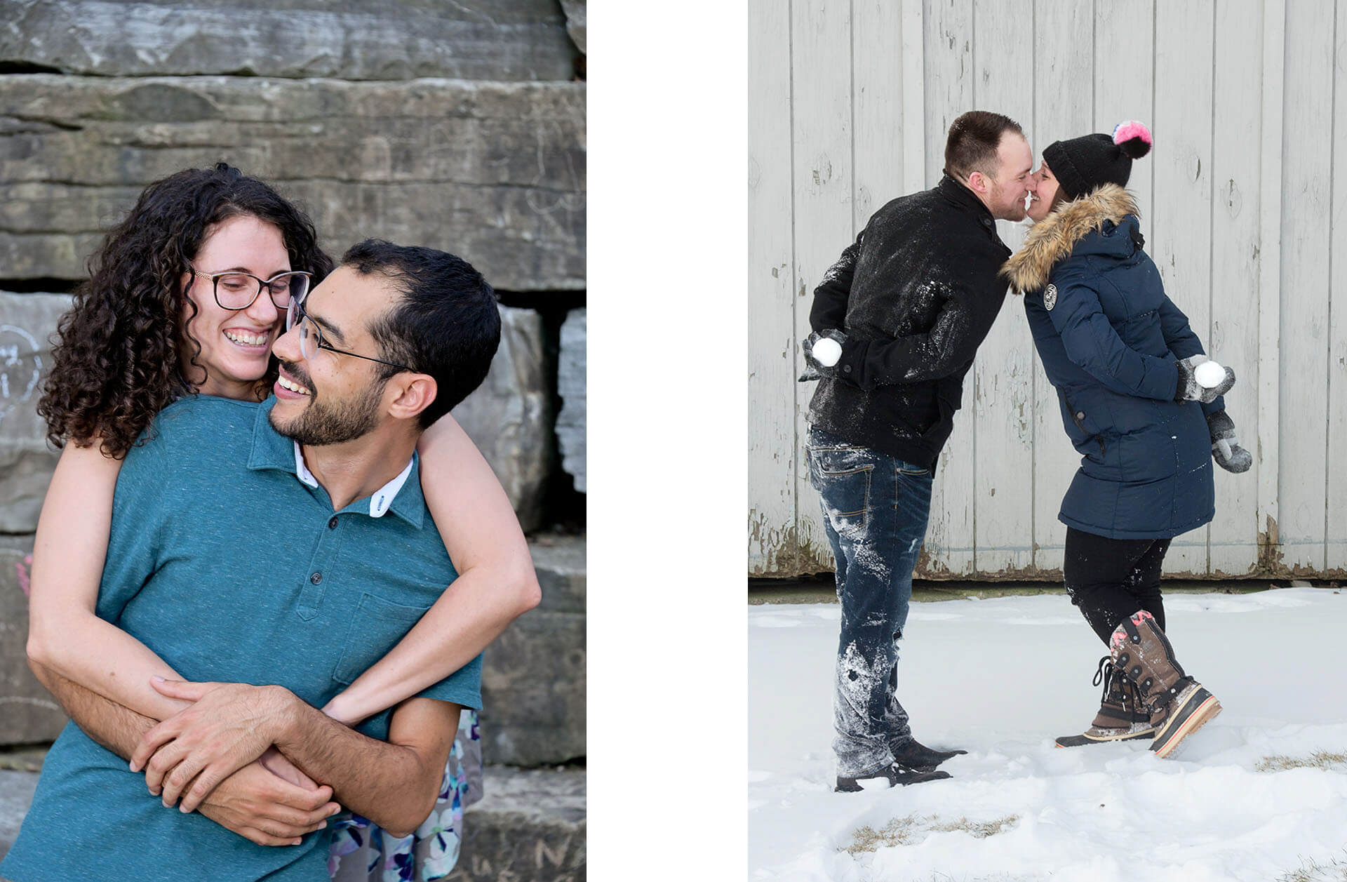 Two playful engagement photos of playful couples smooching and public displays of attraction in metro Detroit, Michigan.