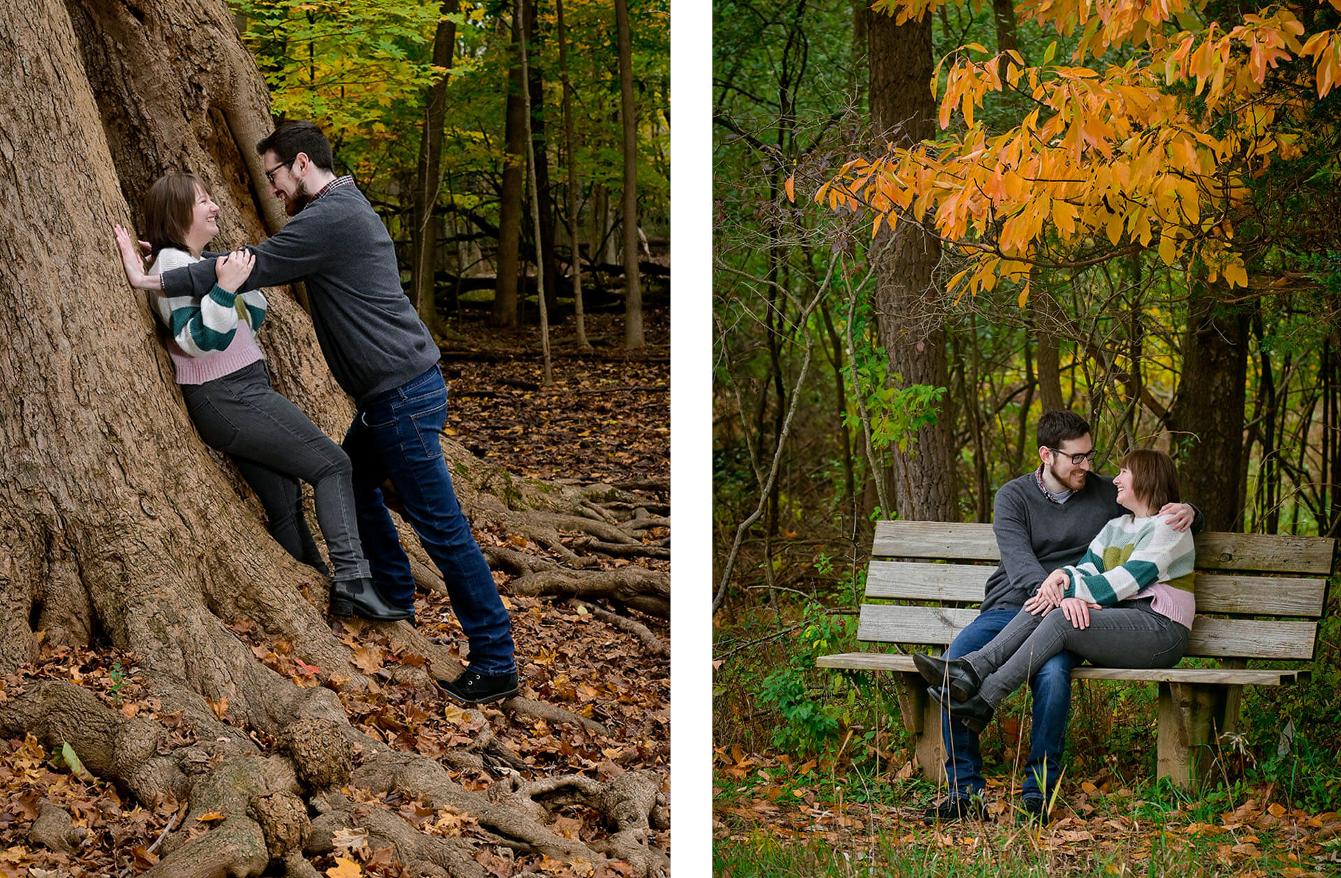 Engagement photos combine romance and personality like this kiss with the yellow and orange leaves in metro Detroit, Michigan.