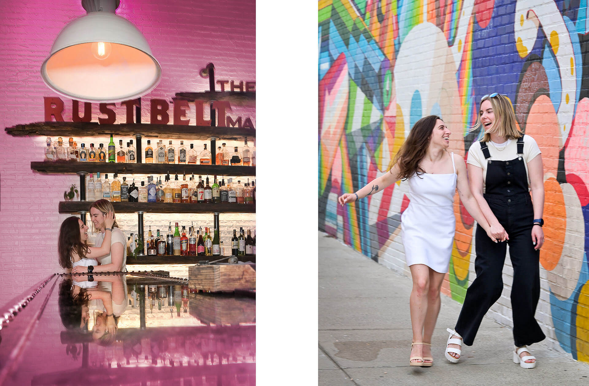 Engagement session with playful LGBTQ couple at their wedding venue for an engagement session in Royal Oak at the Rustbelt Market.