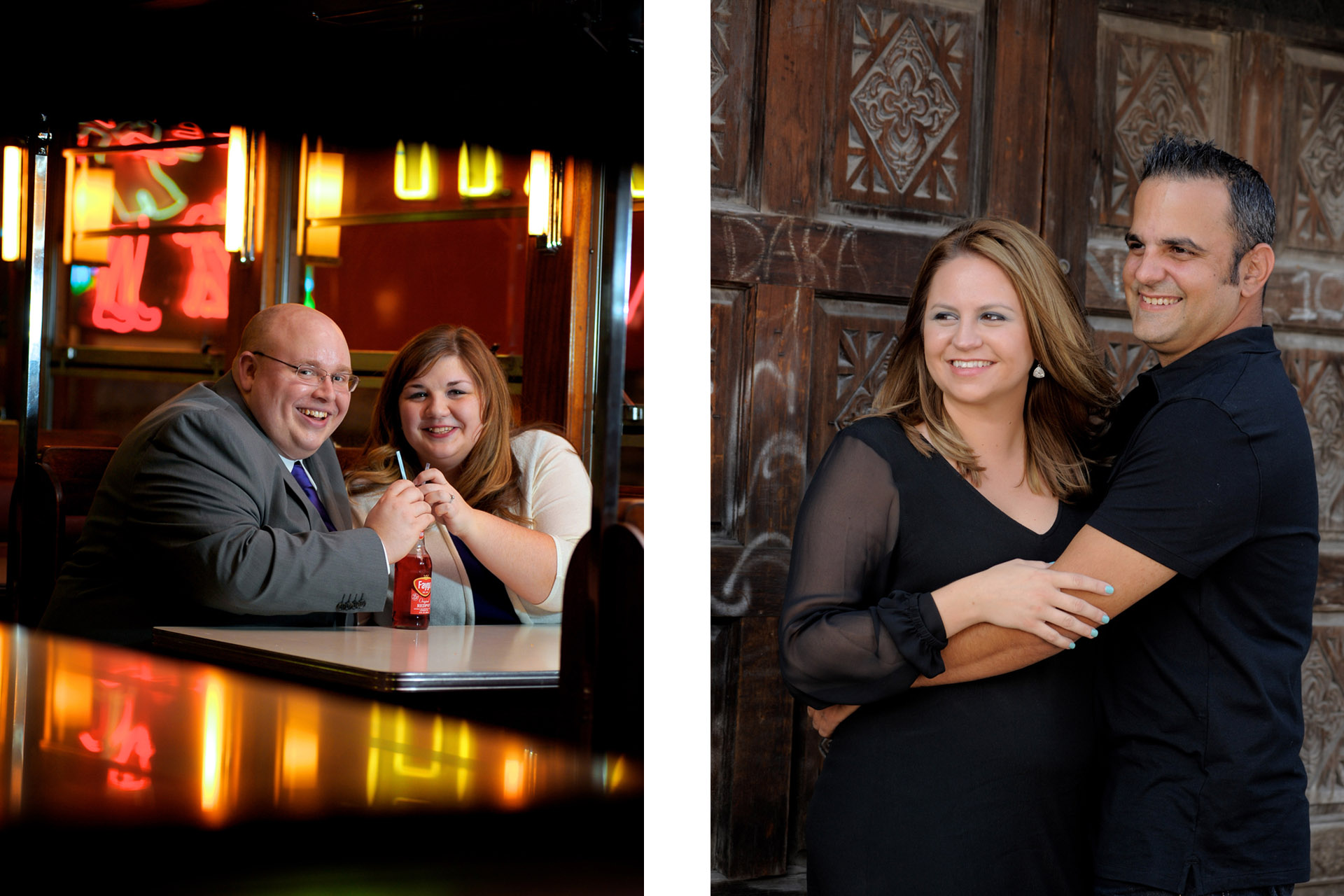 Two different engagement photos  with personality filled pictures like one couple in the Henry Ford Museum and another downtown Detroit, Michigan.