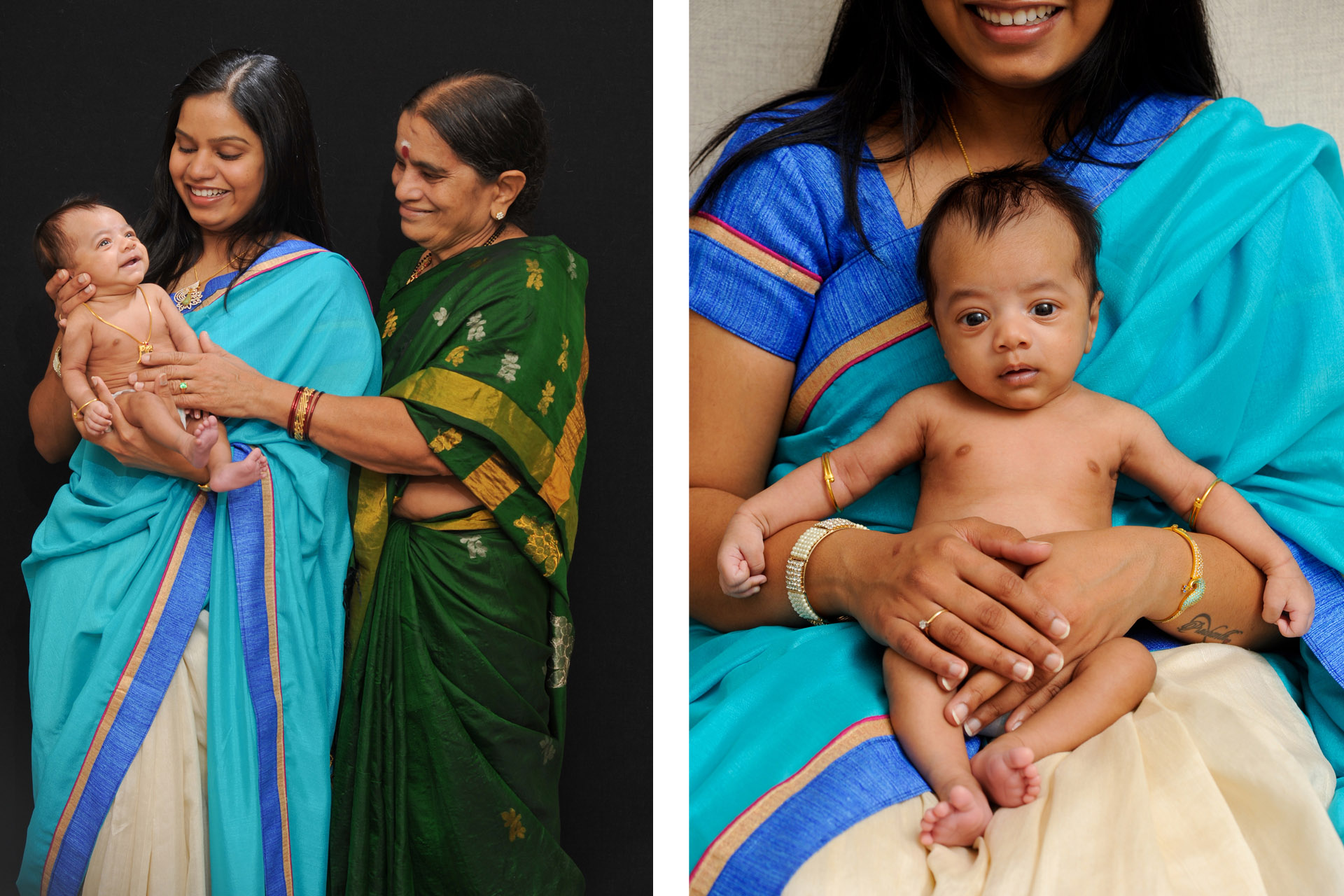 Best Detroit family photographer poses a newborn in his Troy, Michigan home along with photos of his mom and grandmother visiting from India for more formal portraits in metro Detroit, Michigan.