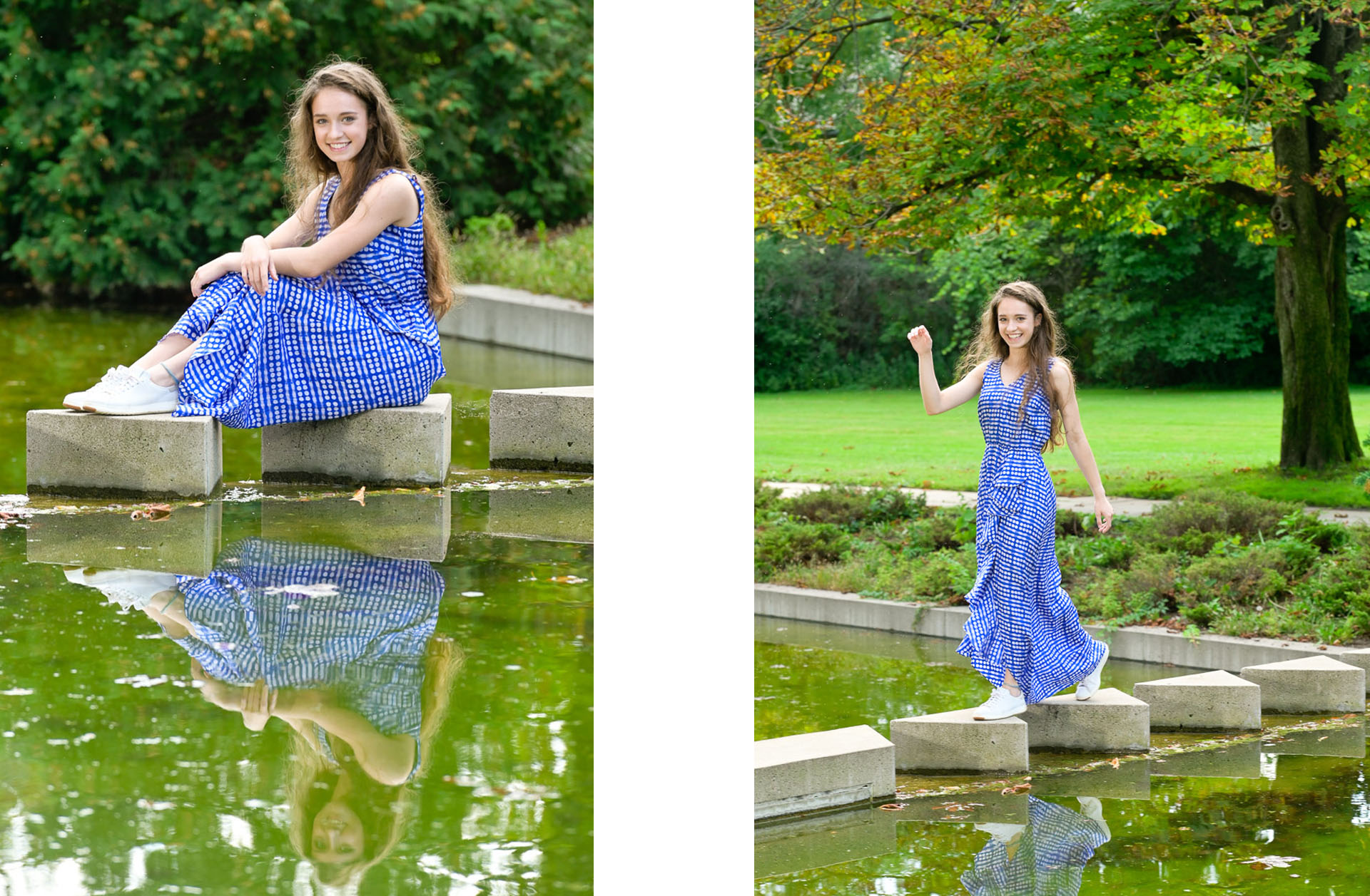 Rachel walks along a fountain pool at Cranbrook Kingswood High School in Bloomfield Hills.