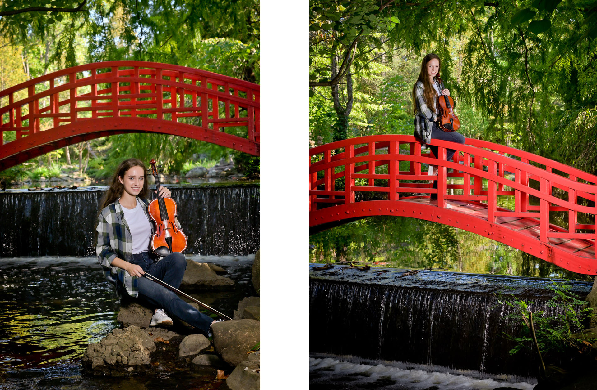More senior photos of Rachel with her violin and the red bridge.