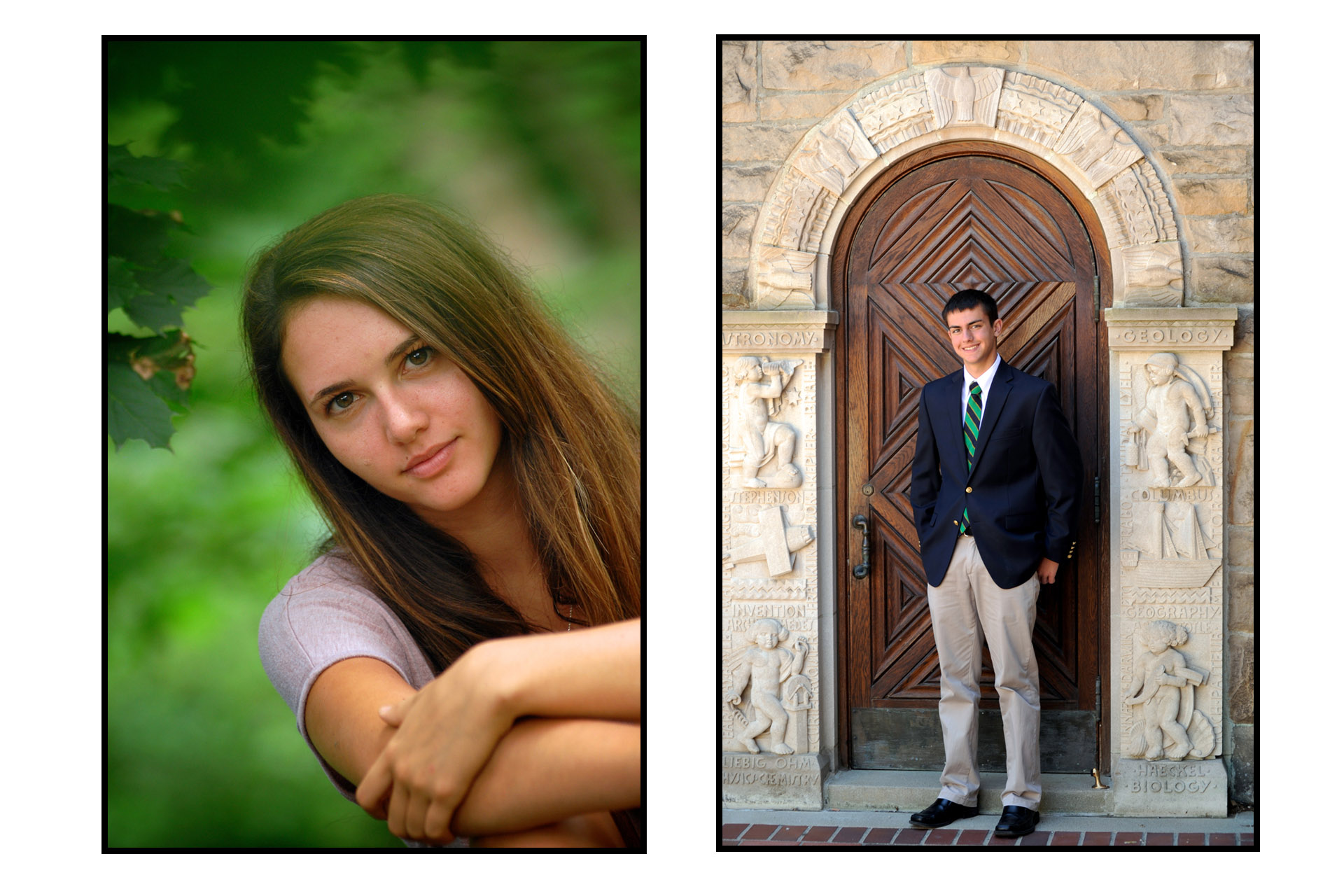 Cranbrook School in Bloomfield, Michigan senior photo photo  of two different high school seniors on Cranbrook's school grounds since they were both students at the school.