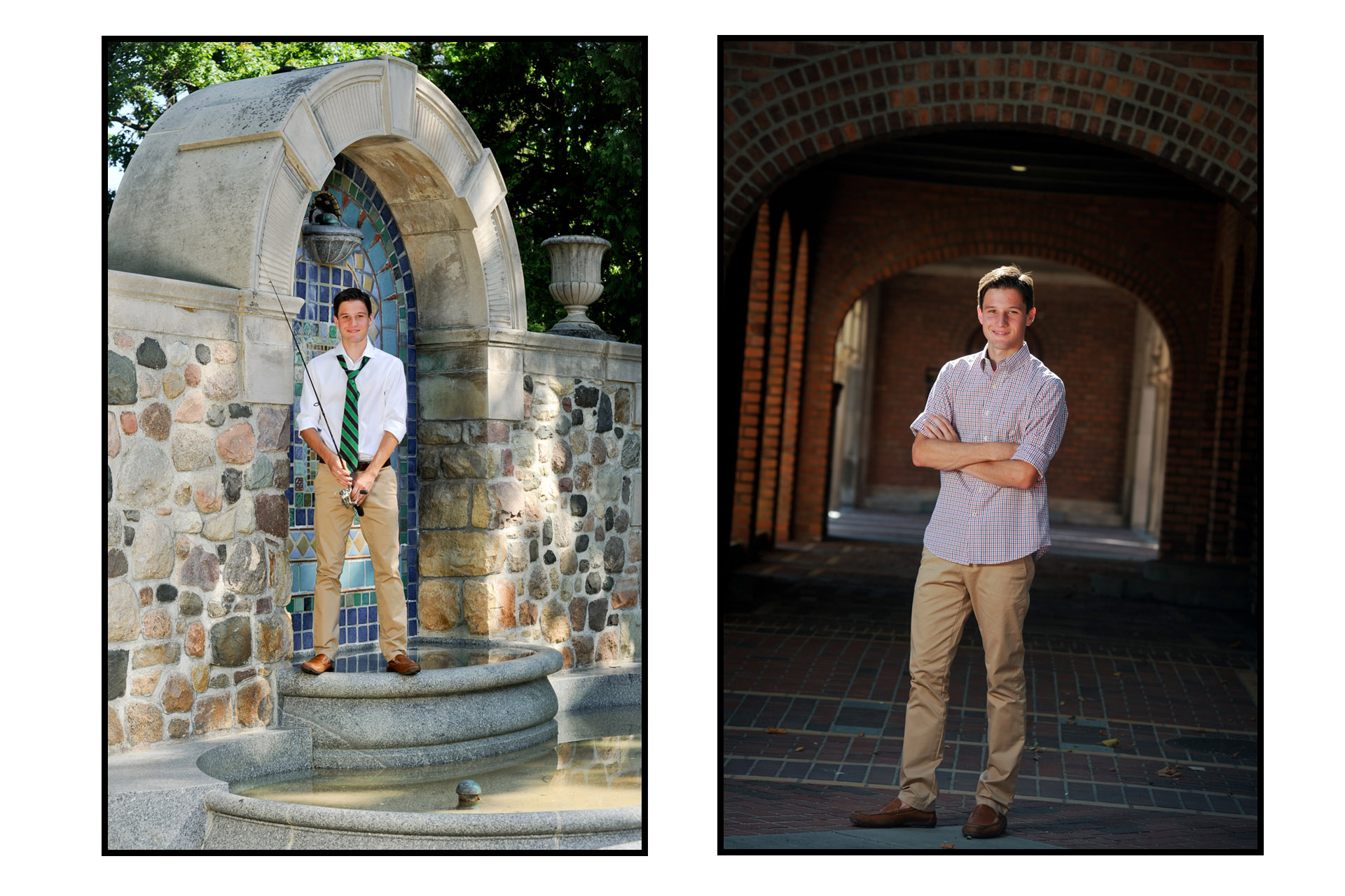 Cranbrook School in Bloomfield, Michigan senior photographer's photo taken as the high school senior gets his senior photos taken on the school's private grounds.