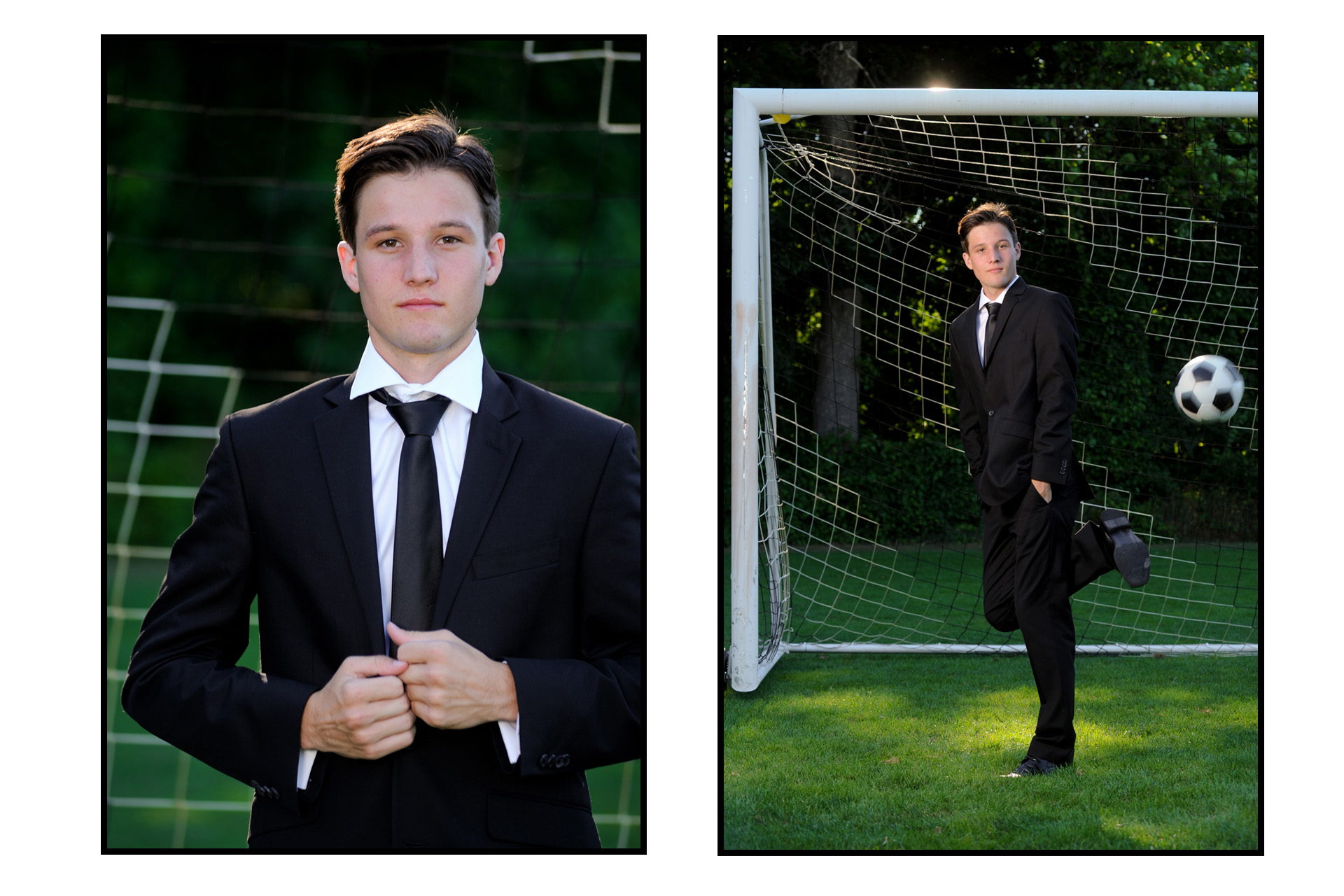 Cranbrook School in Bloomfield, Michigan senior photographer's photo taken of the high school senior taken on the soccer fields in his suit and tie at the Cranbrook School in Bloomfield, Michigan.