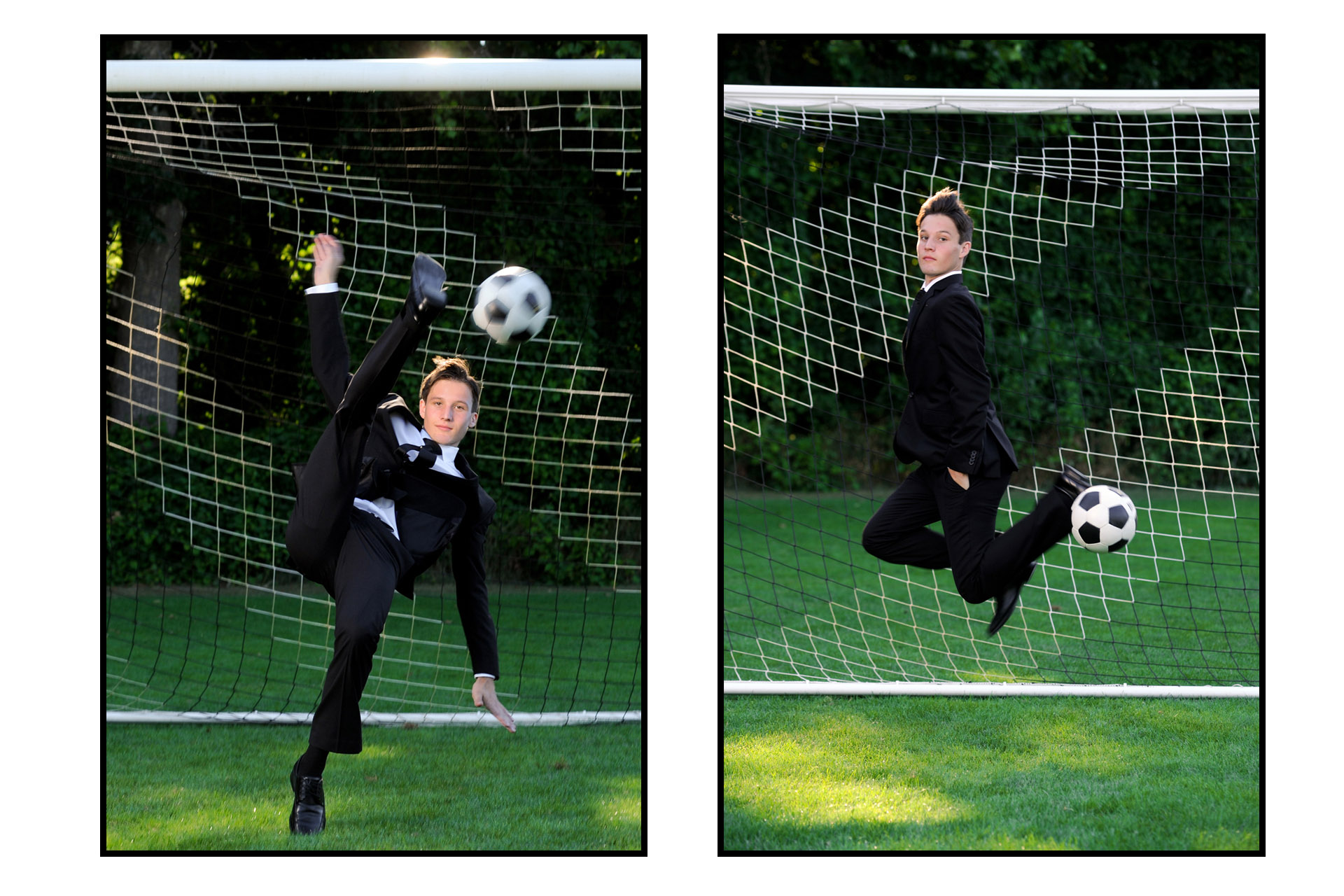 Cranbrook School in Bloomfield, Michigan senior photographer shows a high school senior doing some cool soccer action moves for his senior pictures at Cranbrook School in Bloomfield, Michigan.