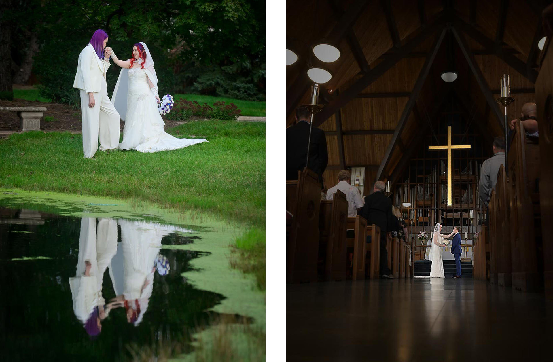 Wedding photos of an LGBTQ&plus; couples in two photos during their ceremony in Royal Oak, Michigan at a church.