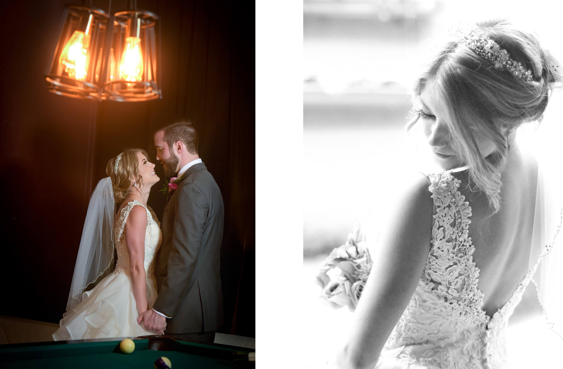 Two photos featuring Michigan wedding couple during their Crofoot wedding in Pontiac, Michigan where all the photos took place indoors.