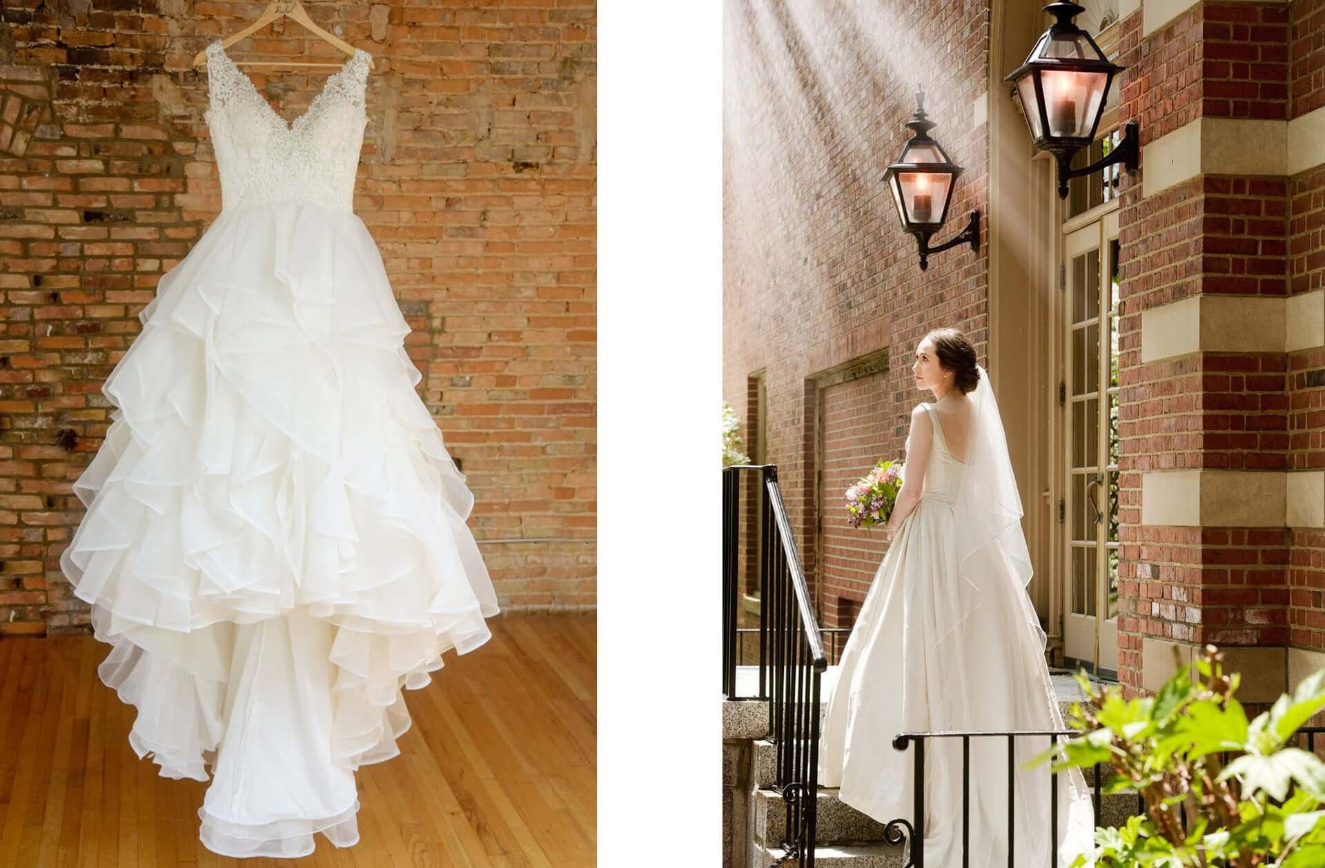 The bride stands in a beam of sunlight at the Dearborn Inn in Dearborn, Michigan.
