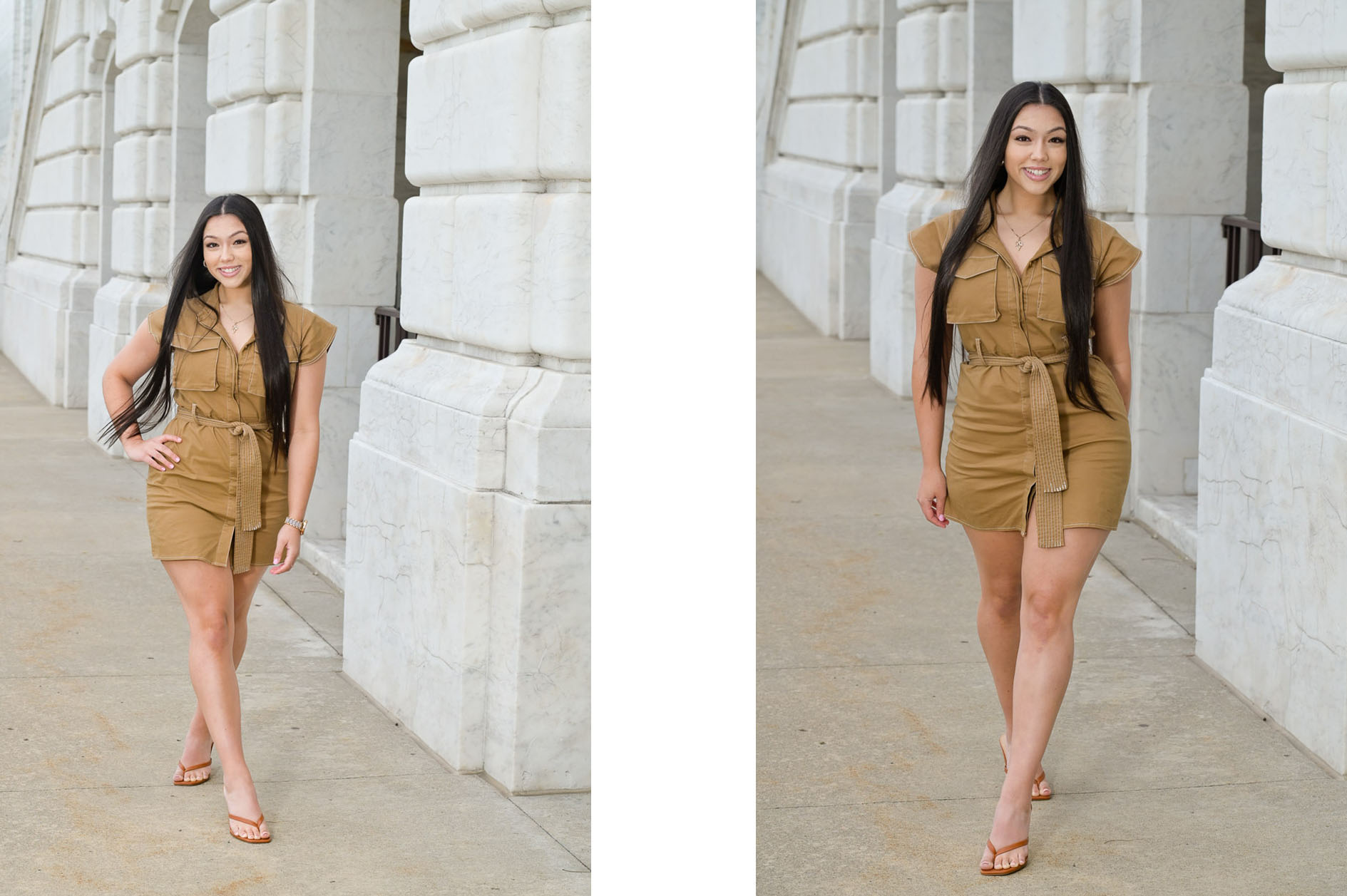 High school senior does a model walk at the Detroit Institute of Arts in Detroit, Michigan.