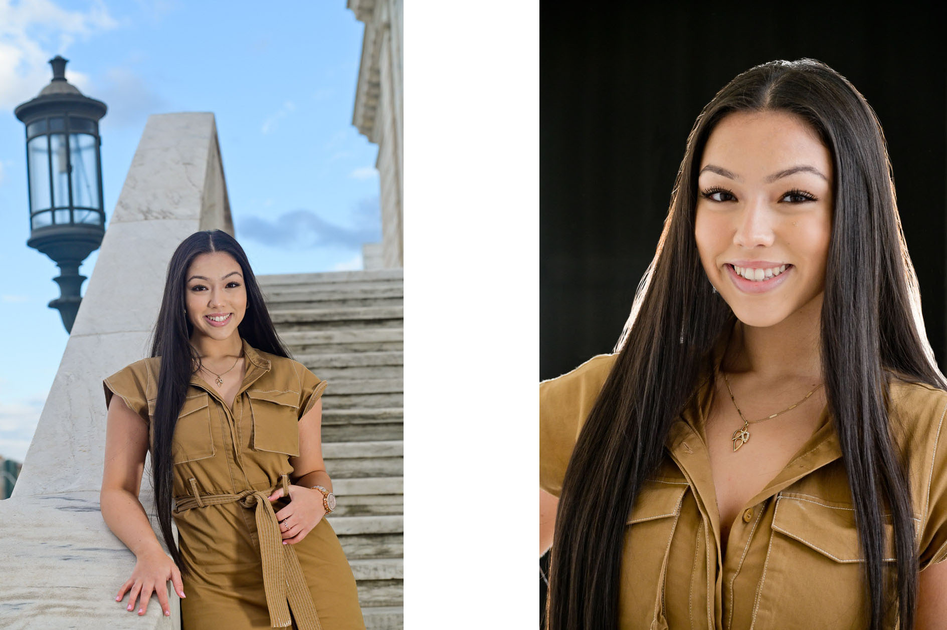 A high school senior girl posing on the steps at the Detroit Institute of Arts in Detroit, Michigan.