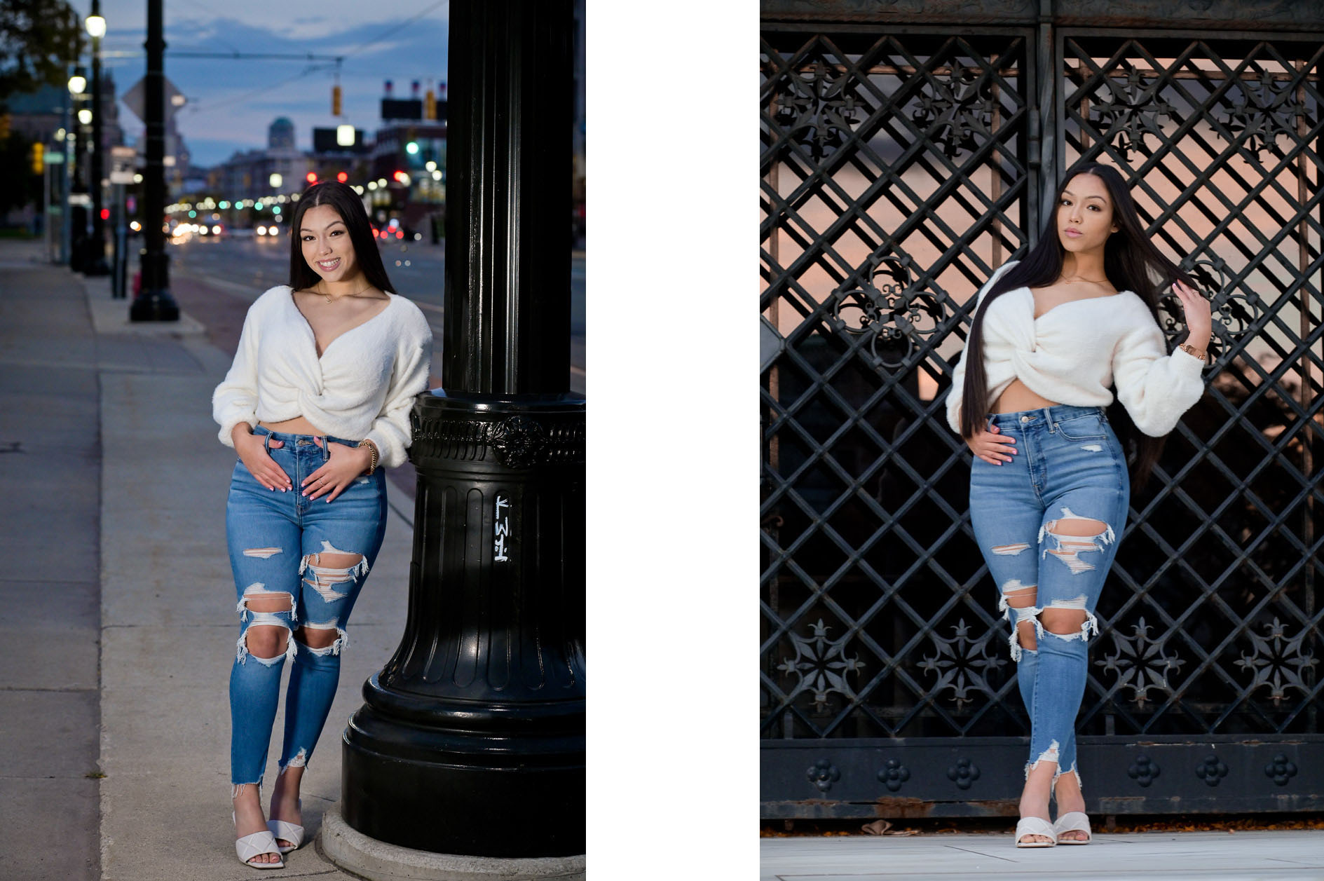 A high school senior girl as the sun sets in Detroit, Michigan.