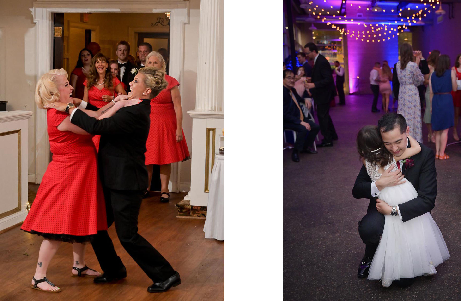 Two bridesmaids strangling each other and a groom dancing with the flower girl at his Waterview Loft wedding in Detroit, Michigan.