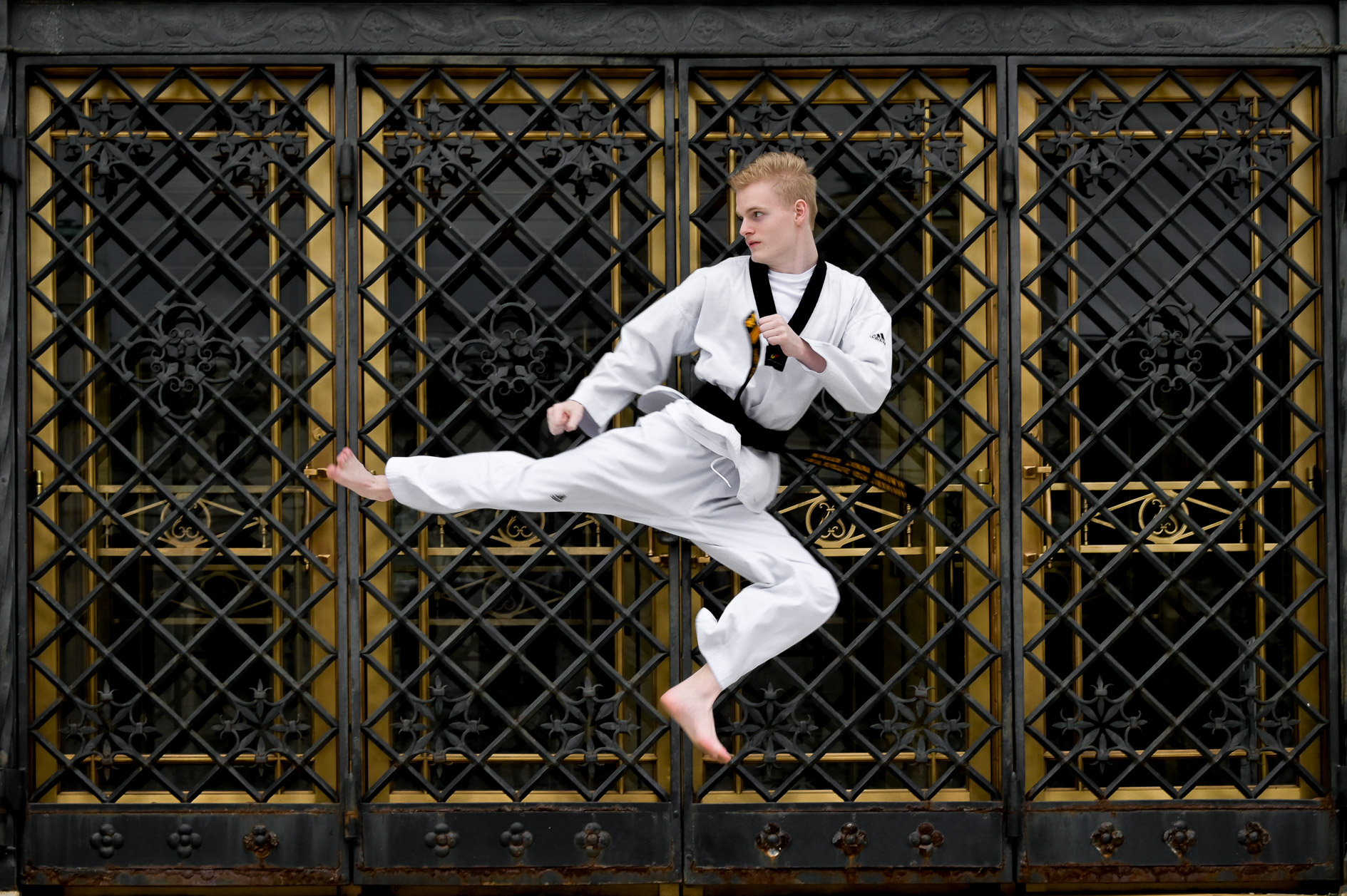 Troy High senior in this epic taekwondo senior pic in Detroit, Michigan.