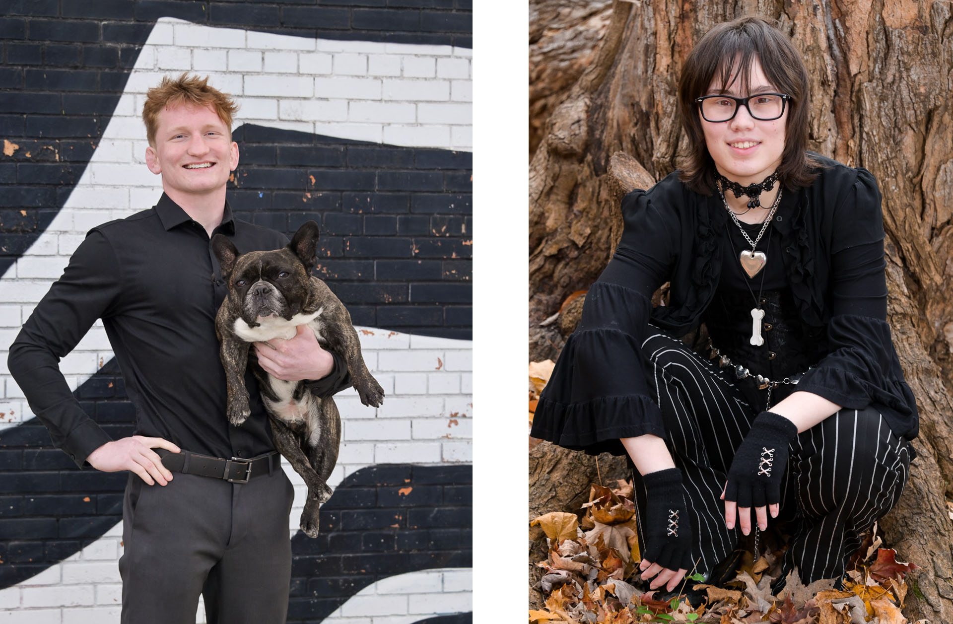 Two different seniors pose. A Troy Walled Lake senior with his dog and a Grosse Pointe student in the woods in Detroit.