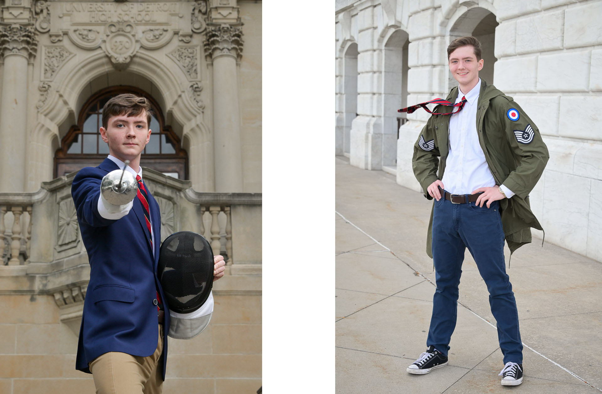 Detroit Mercy high school senior fencing at his school and posing in his favorite outfit in the wind both in Detroit, Michigan.