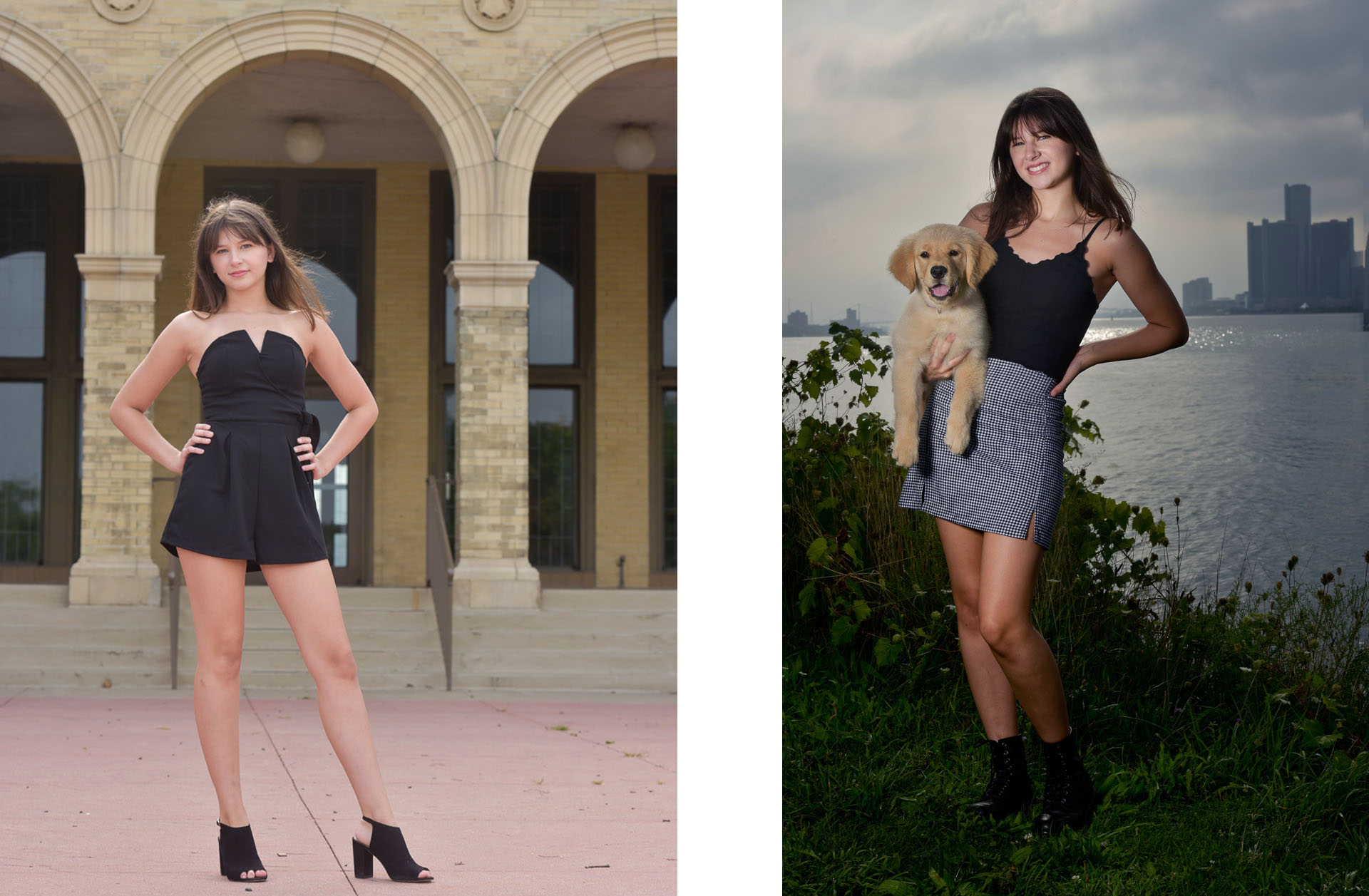 Grosse Pointe high school students posing with her dog for her high school senior photos on Detroit's Belle Isle.