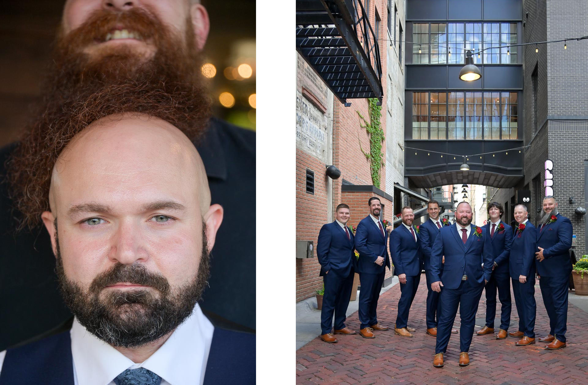 Two photos, one of a groom wearing his best man's beard as hair and the other of groomsmen in the alley of the Shinola Hotel in Detroit, Michigan.