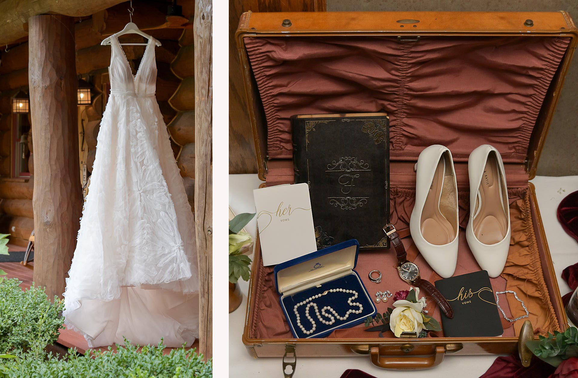 A Detroit area bride's shoes and jewelry all in an antique suitcase to go with her wedding theme at Addison Oaks in Leonard, Michigan.