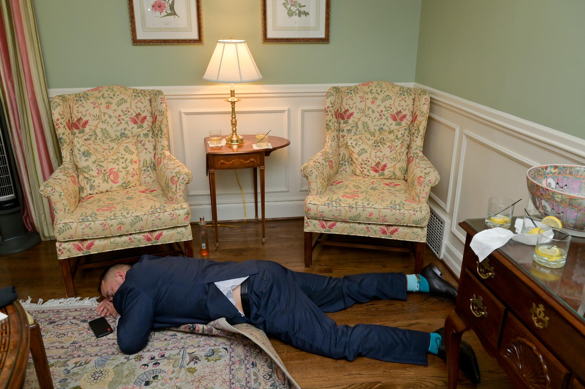 A drunk wedding guest passes out in the bridal suite at the Birmingham Community House in Birmingham, Michigan!