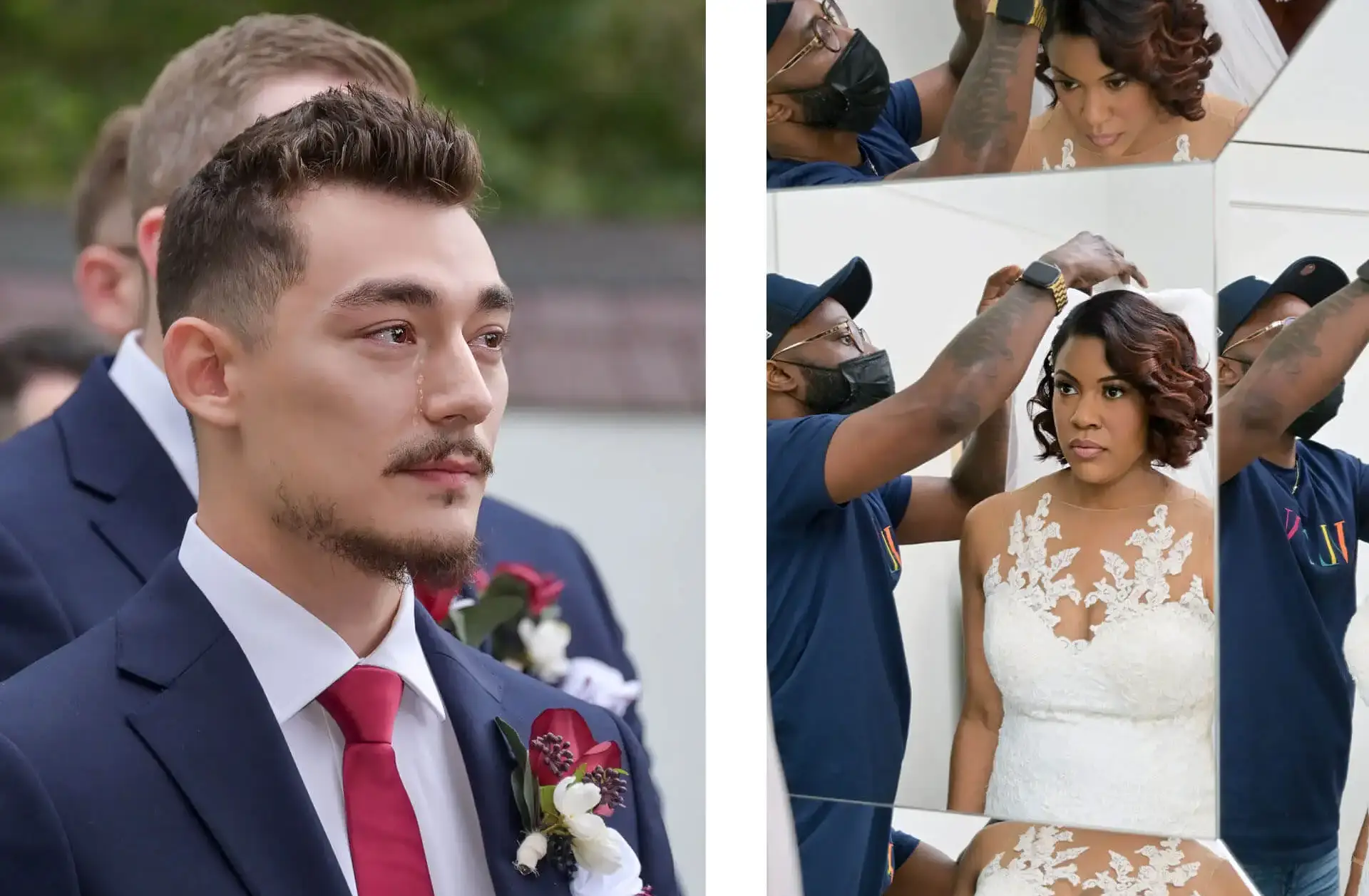 Two photos side by side - a groom cries at his wedding and a bride gets her makeup applied during Covid.