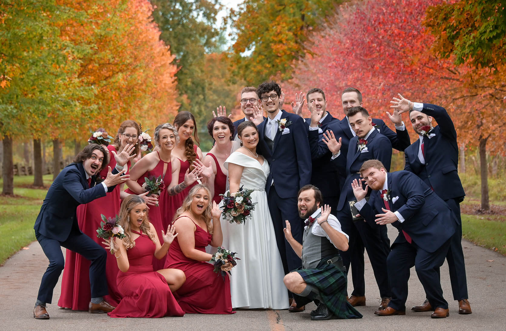 The wedding party celebrating and having fun before the wedding at the Buhl Estate at Addison Oaks in Leonard, Michigan.