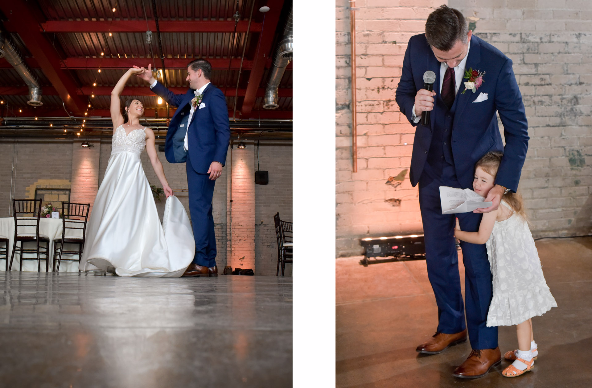 Bride and groom practice their first dance in their reception hall at 