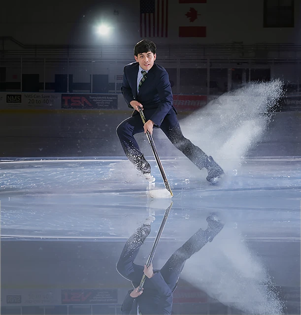 A hockey playing senior showing off his moves at Cranbrook School in Bloomfield, Michigan.