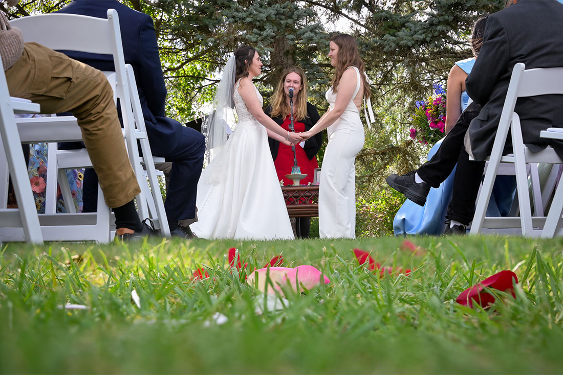 Their wedding with the pine tree background at their intimate, music filled wedding at their AirBnb in Grass Lake, Michigan.