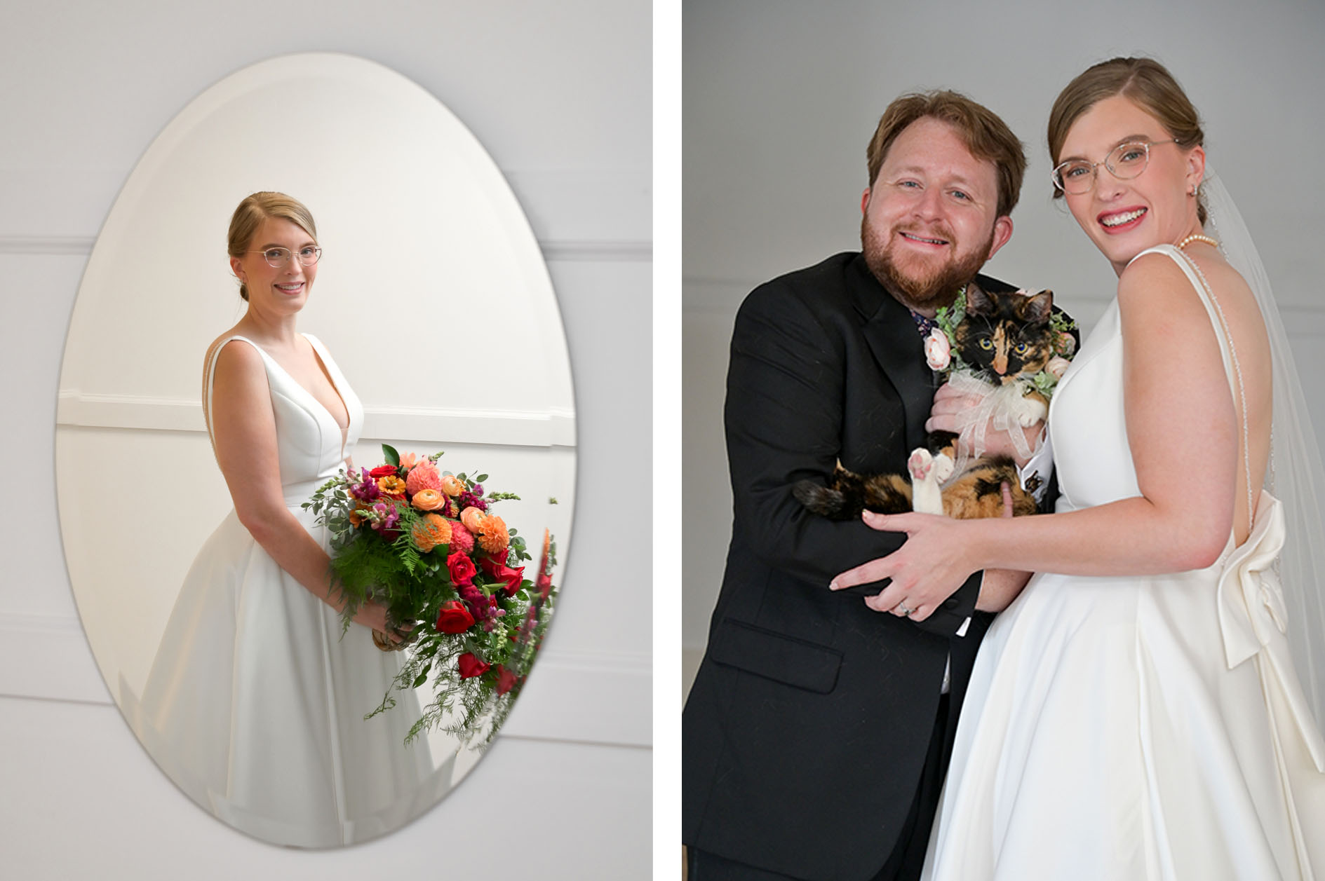 The couple getting ready and posing with their cat before their wedding at the Lakeview Banquet and Event Center in Laingsburg, Michigan.