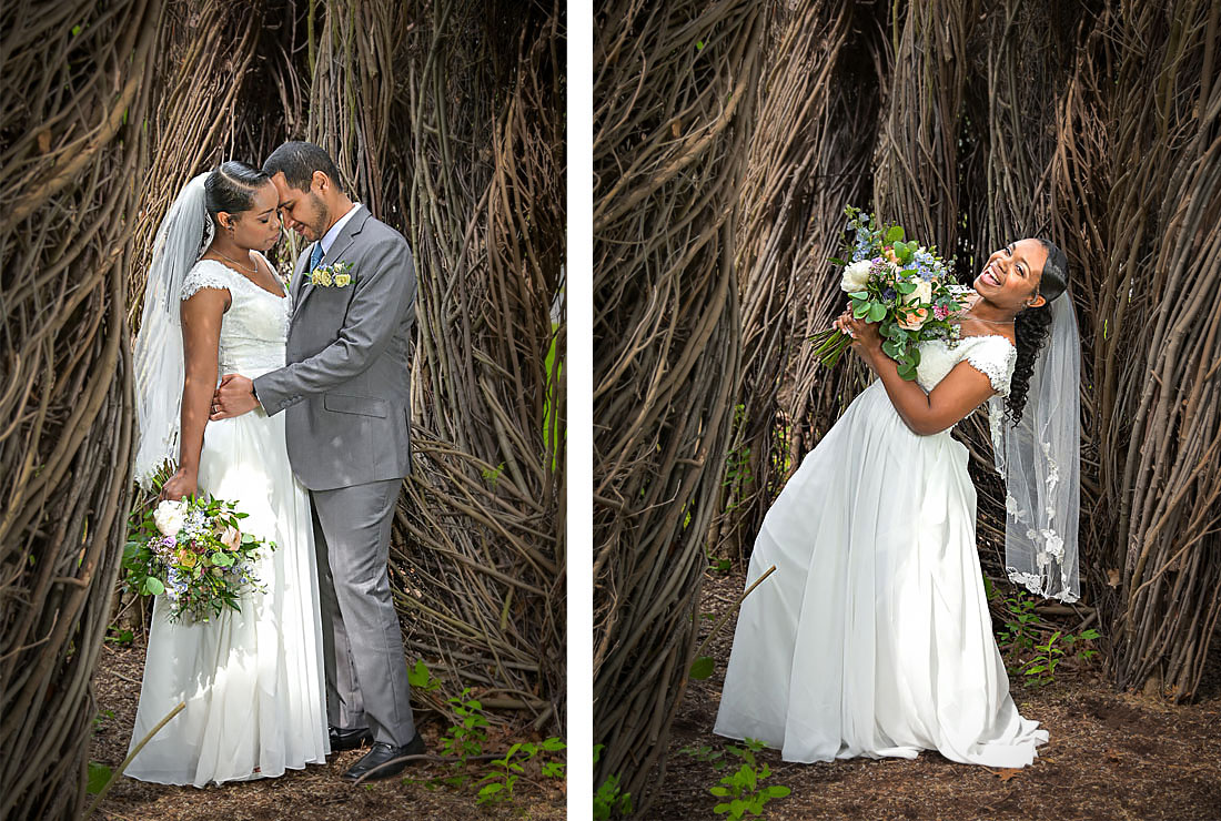The bride and groom posing at a cool park in Metro Detroit, Michigan.