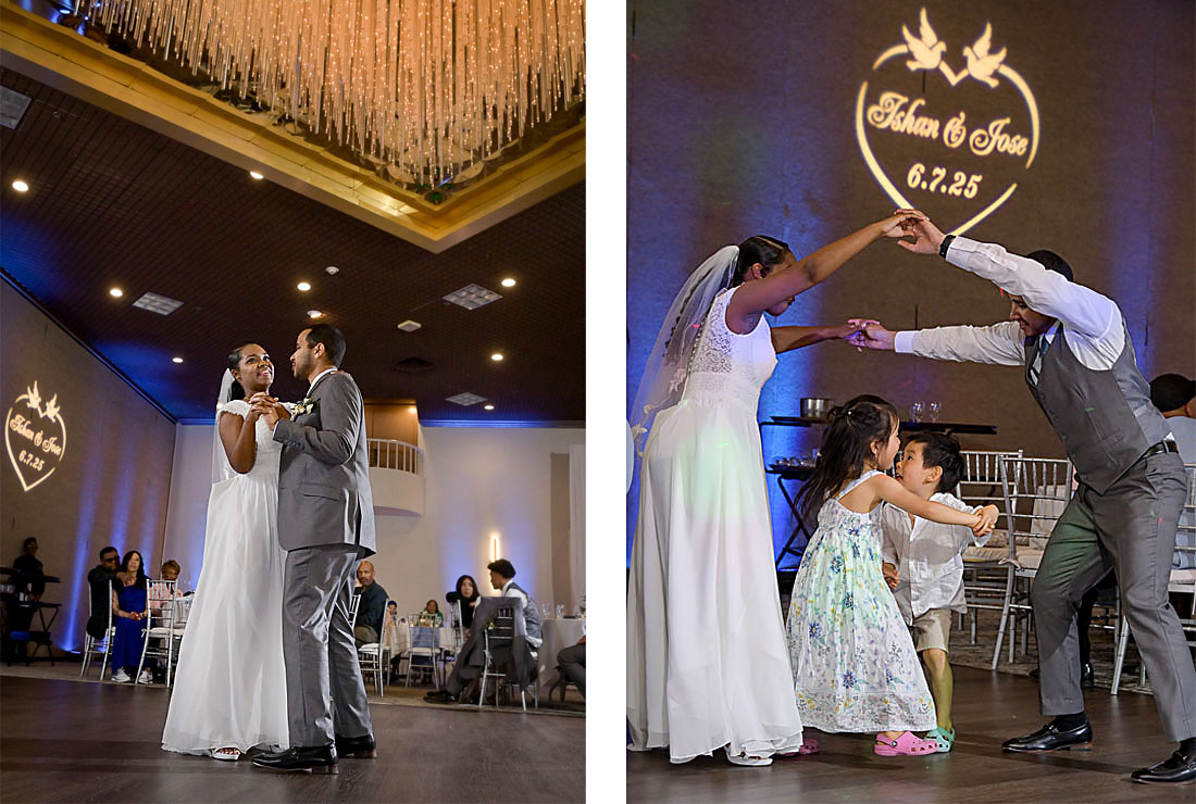 The bride and groom during their first dance and getting a bit of help from some little friends during their wedding reception at the Laurel Manor Banquet Hall in Livonia, Michigan.
