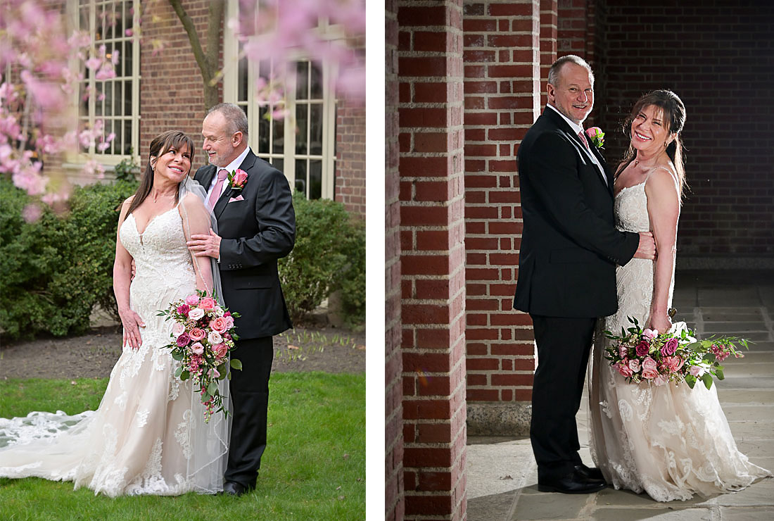 The bride and groom at the courtyards of Lovett Hall at the Henry Ford Museum in Dearborn, Michigan.