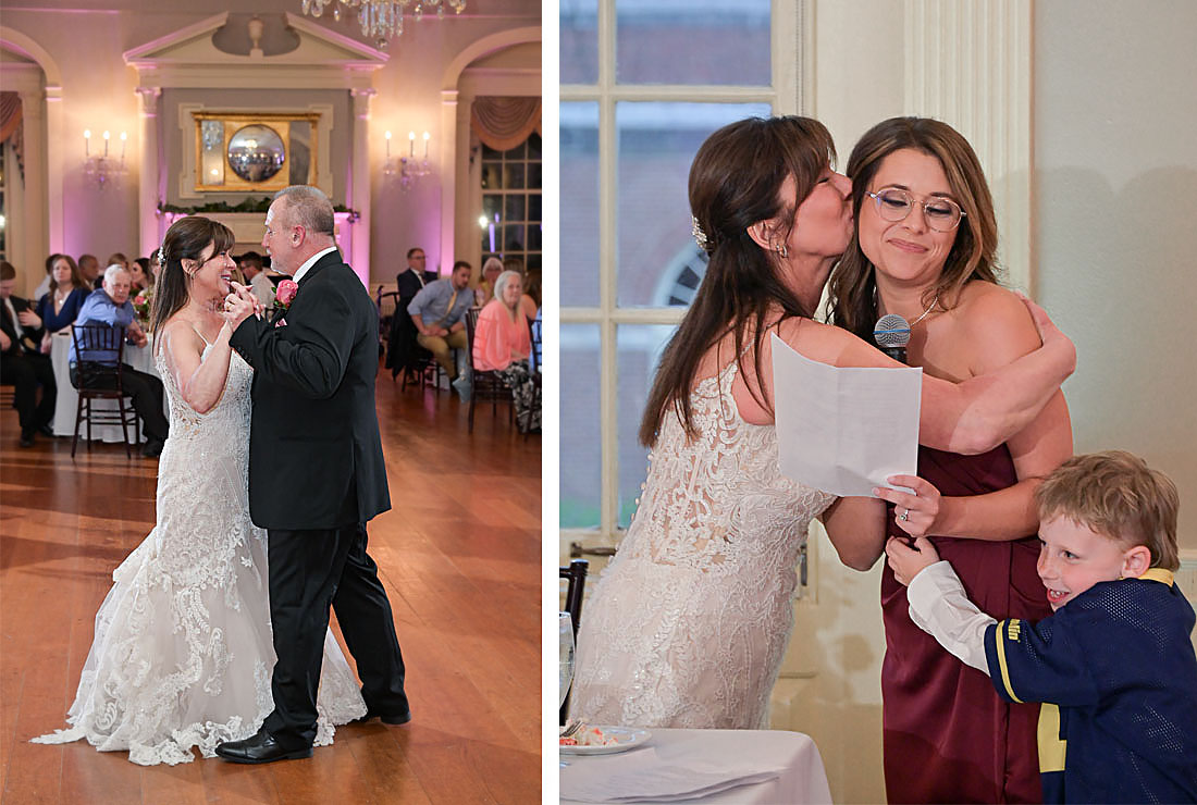 The bride and groom's first dance at Lovett Hall and the bride kisses her daughter after speeches at Lovett Hall at the Henry Ford Museum in Dearborn, Michigan.