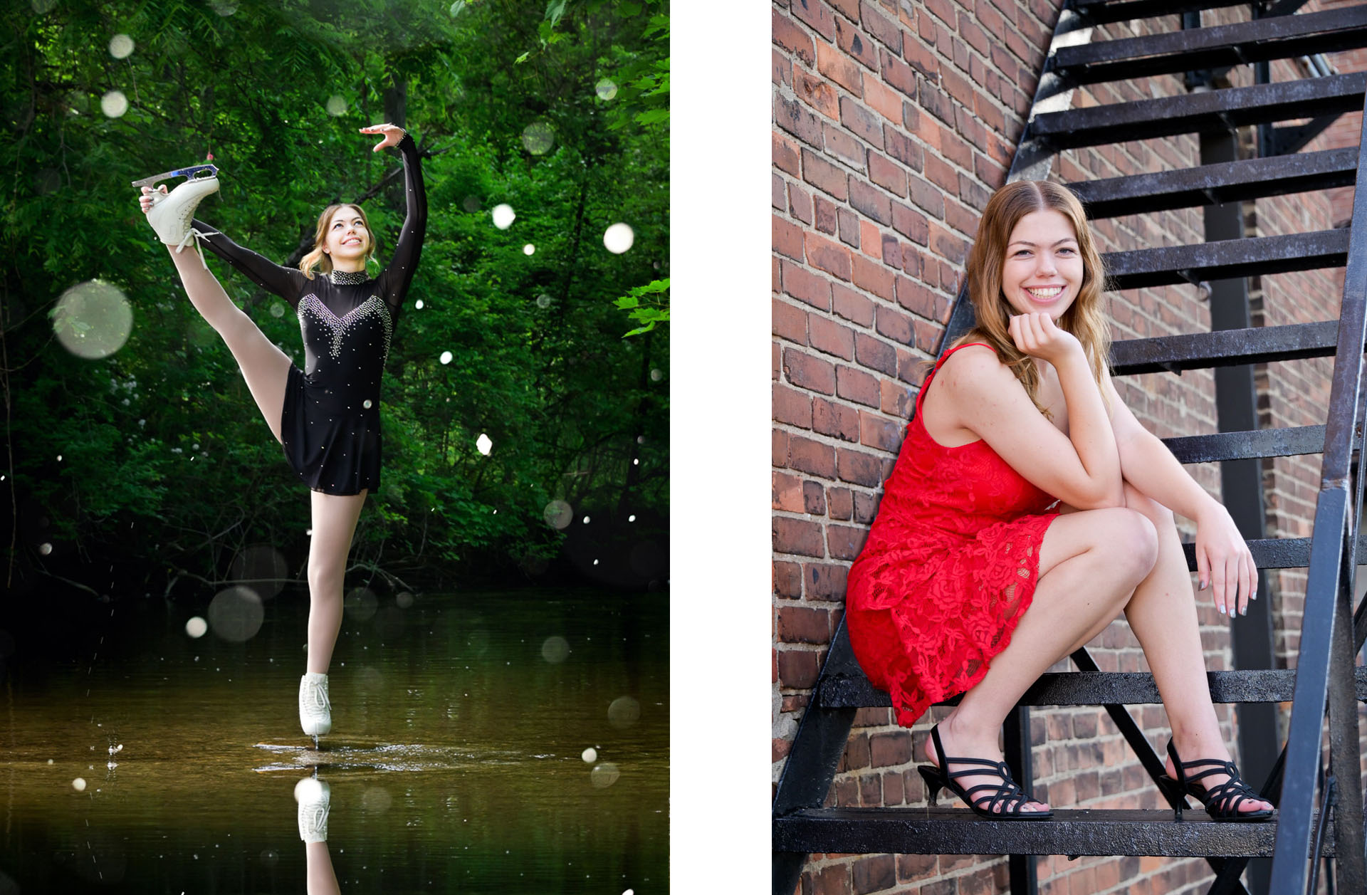 High School ice skater from Rochester, Michigan in two different locations for unique senior photos in Rochester, MI.