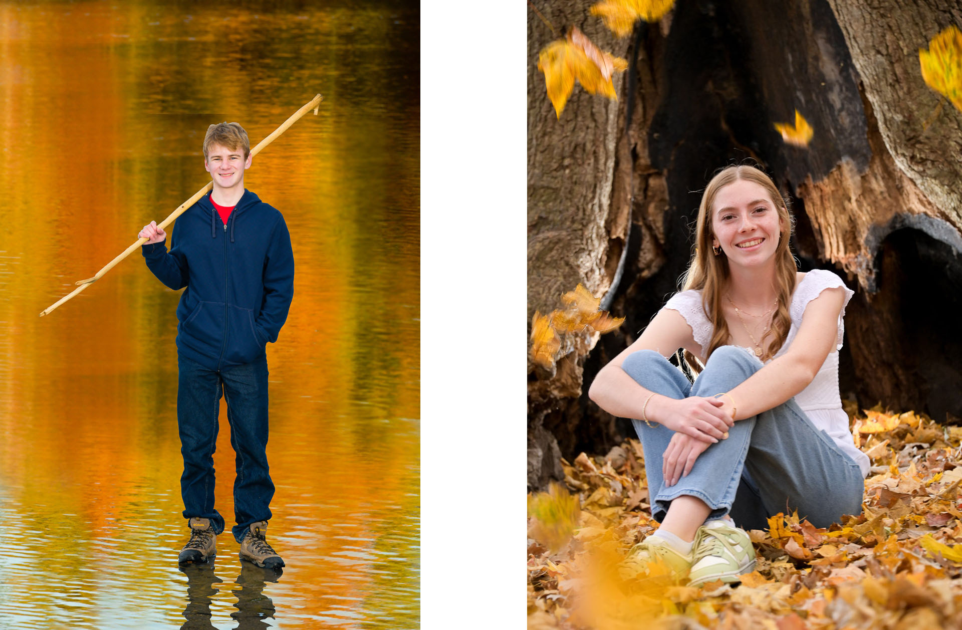 Two different Troy High school seniors pose in Rochester for fall leaf photos in a great location.