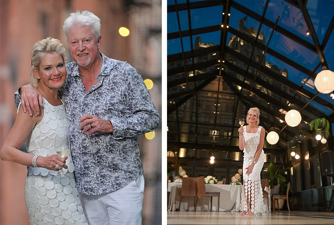 The couple posing on the balcony and the bride dancing during their intimate wedding reception at the Shinola Hotel in Detroit, Michigan.