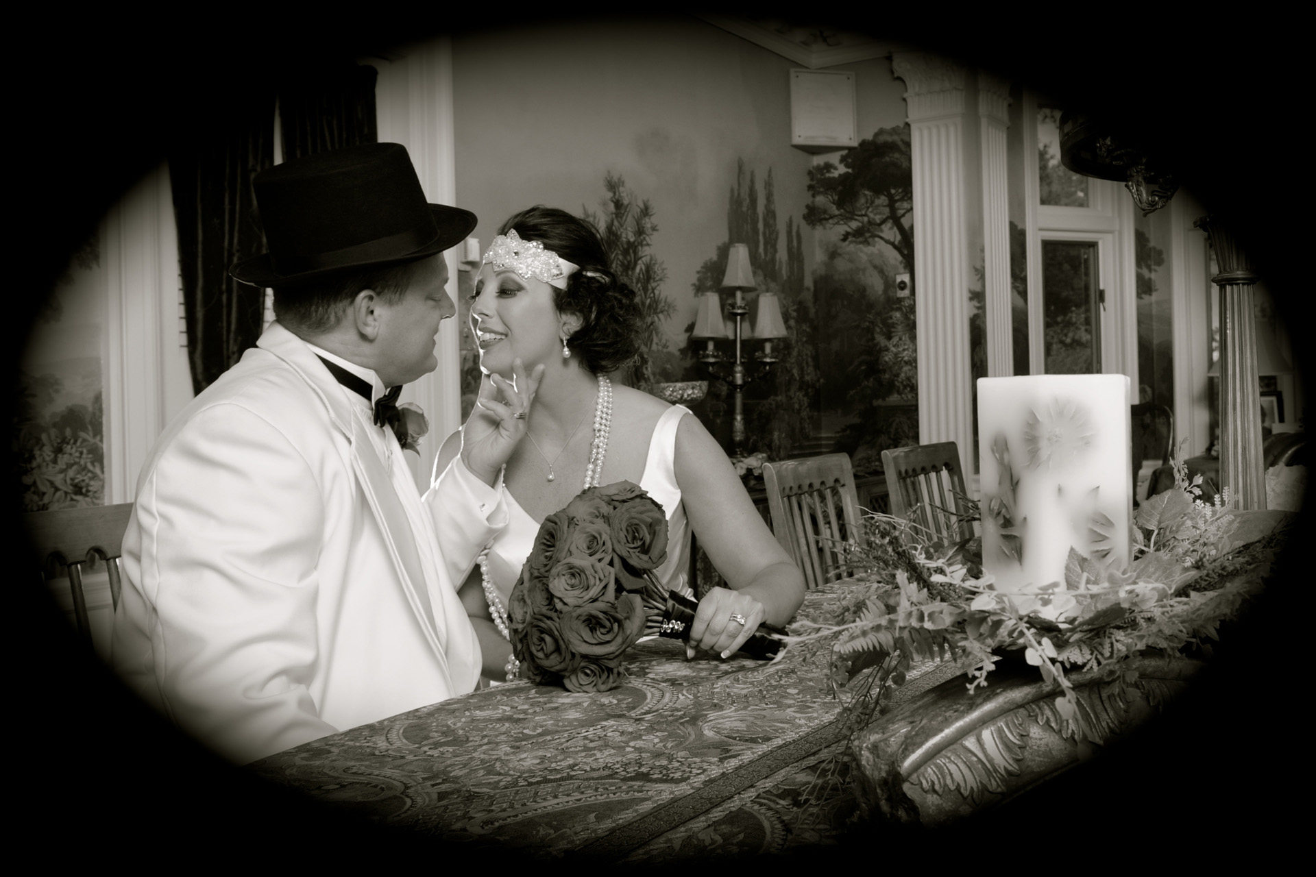 Michigan wedding at Birmingham, featured a trip to a turn of the century mansion nearby where the bride and groom pose for an old fashioned portrait at their 1920's themed wedding int Birmingham, Michigan's Big Rock's wedding venue The Reserve.