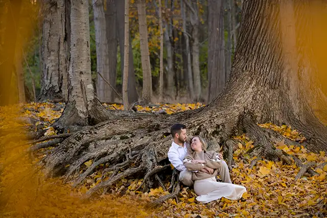 A fun resting in a tree in the fall during their engagement session in Troy, Michigan.