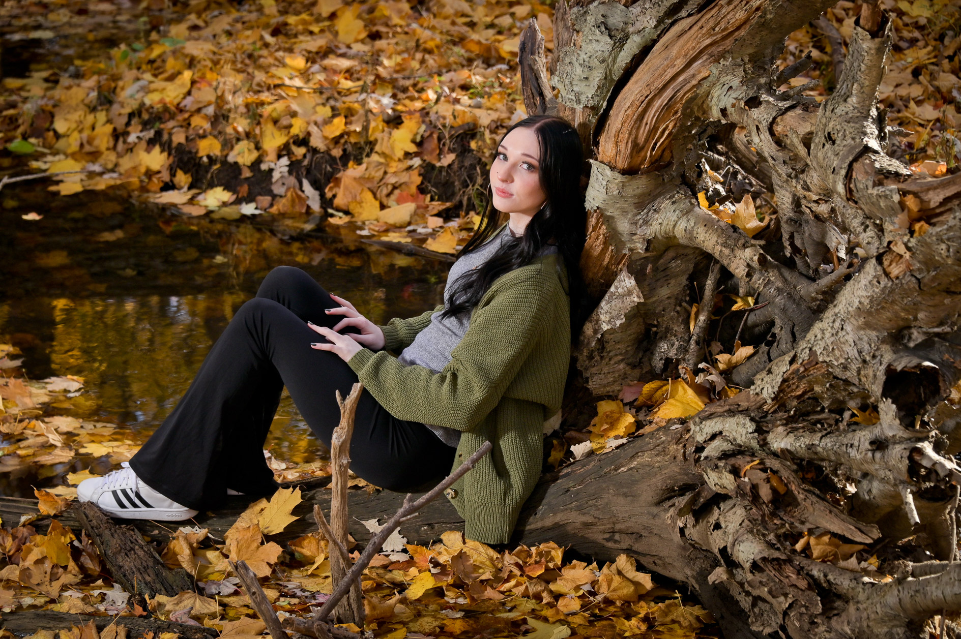 Fall senior photos with light sifting through the colorful trees near Troy.