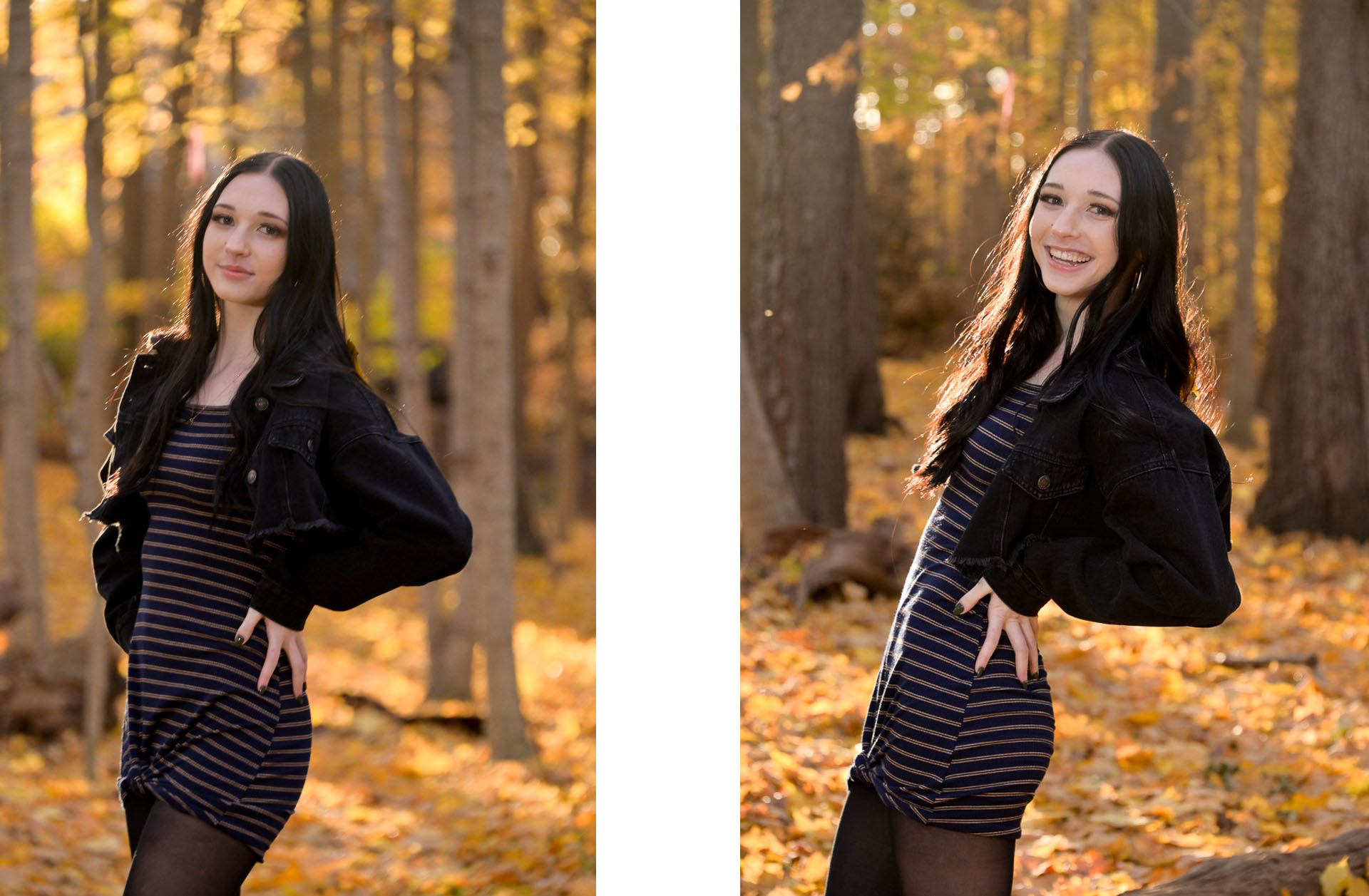Senior girl having fun posing with orange fall leaves.