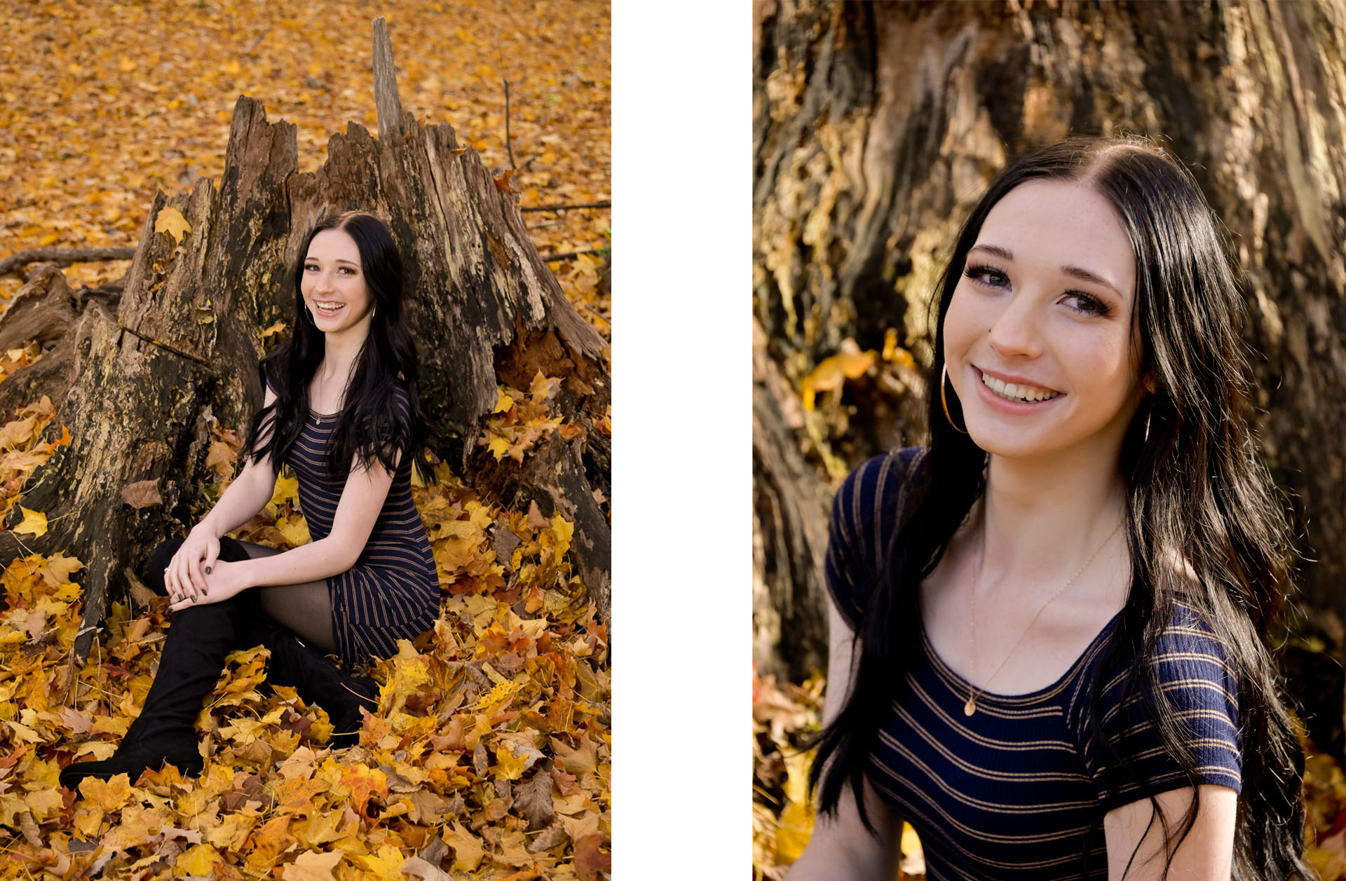 Senior girl beautifully lit in a pile of natural fall colors.