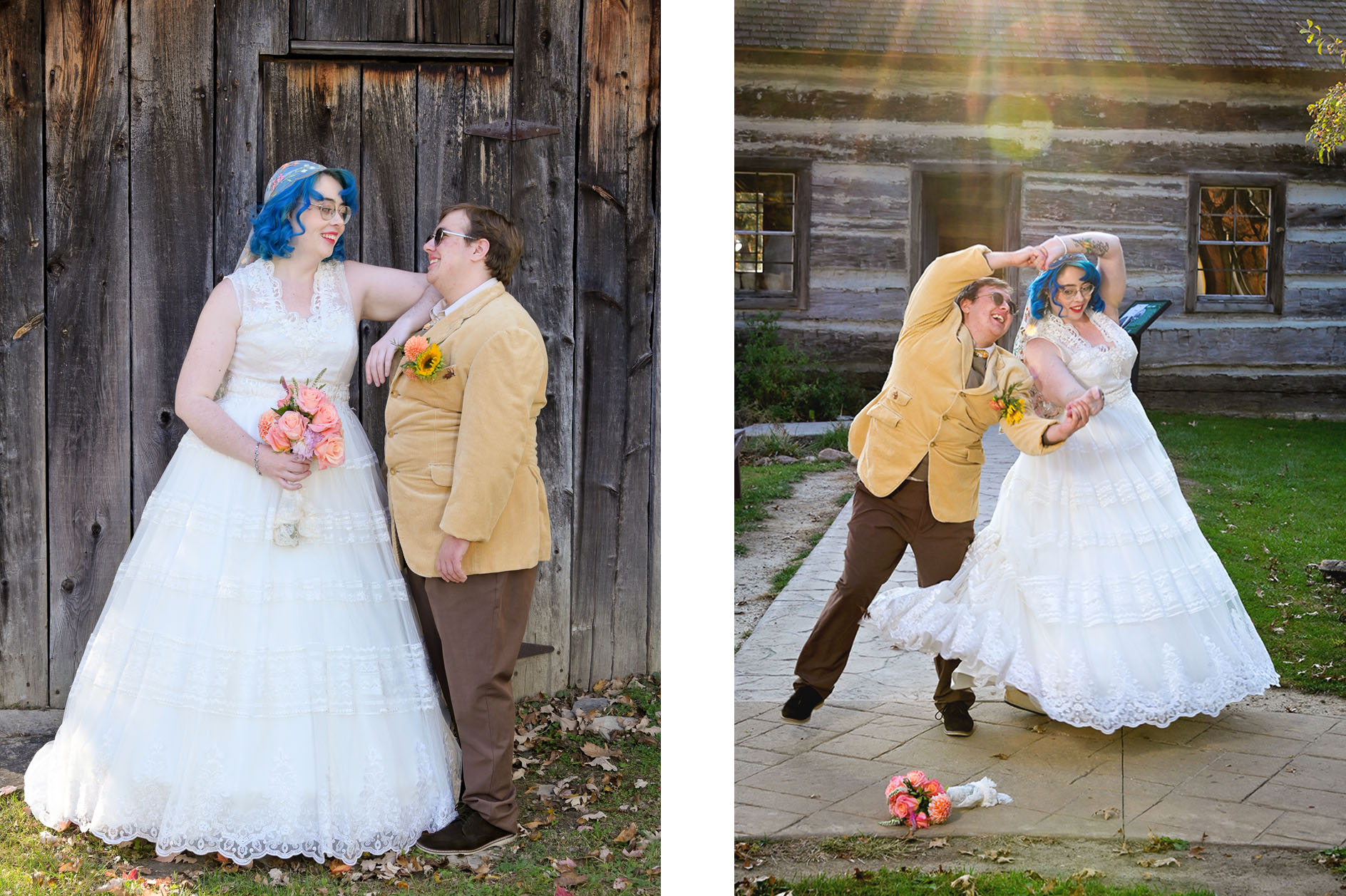 The couple goof around the antique buildings for some fun portraits before their wedding at the Troy Historic Village in Troy, Michigan.