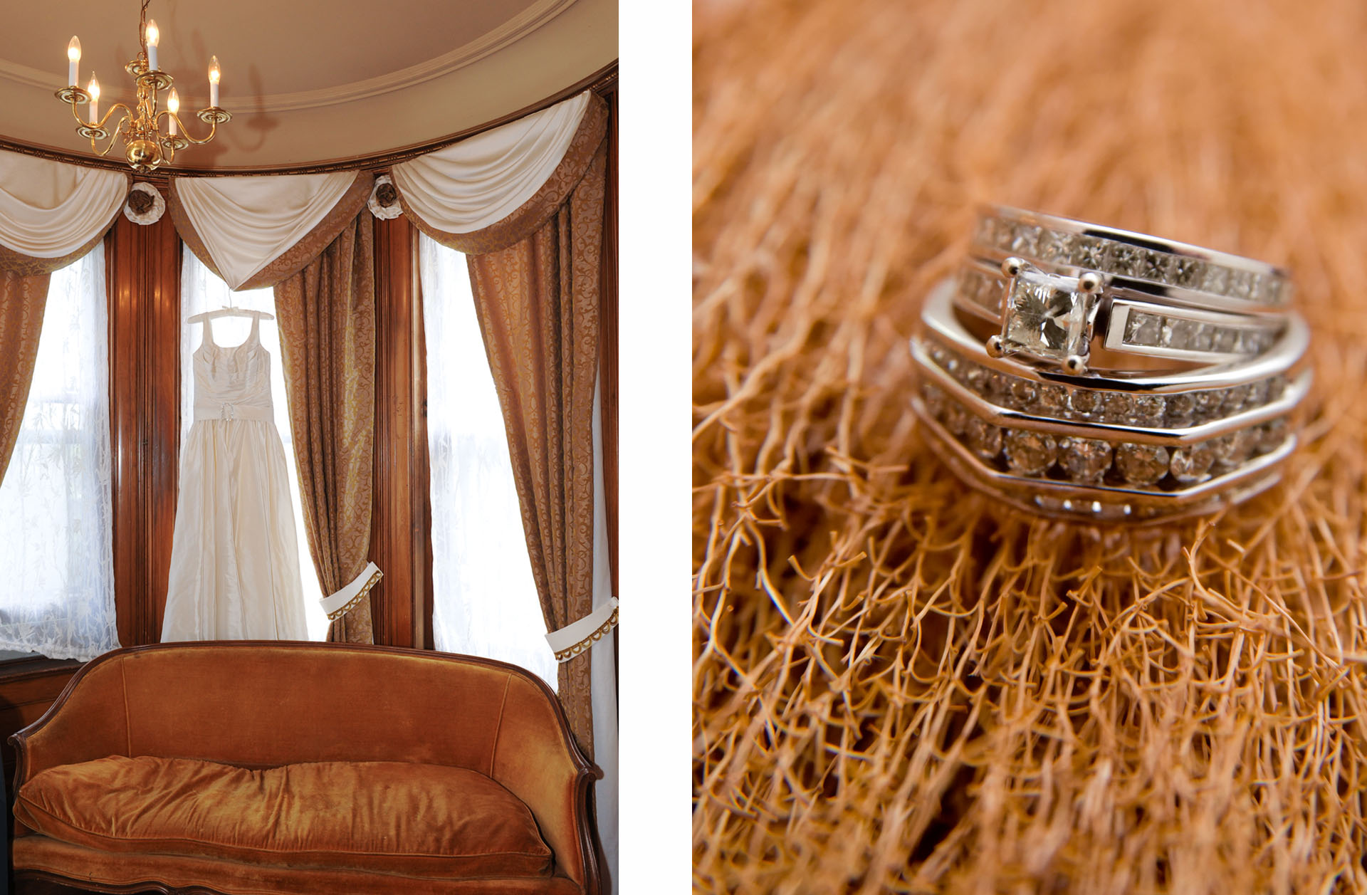 A bride's dress hangs in the dressing room at The Whitney in Detroit, Mi. A different bride and groom's rings sit atop the broom they will jump before their wedding in Shelby Township, Michigan.
