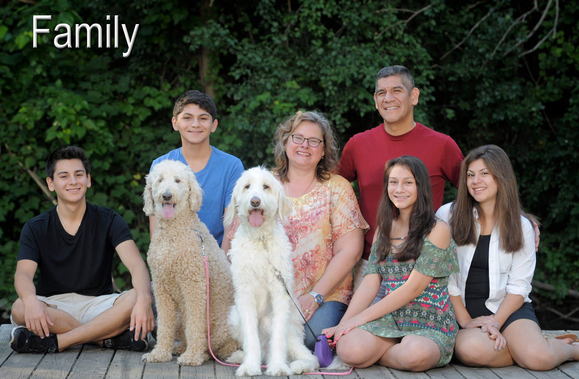 A Troy, Michigan family poses with their dogs in Auburn Hills, Michigan during their family photography session.