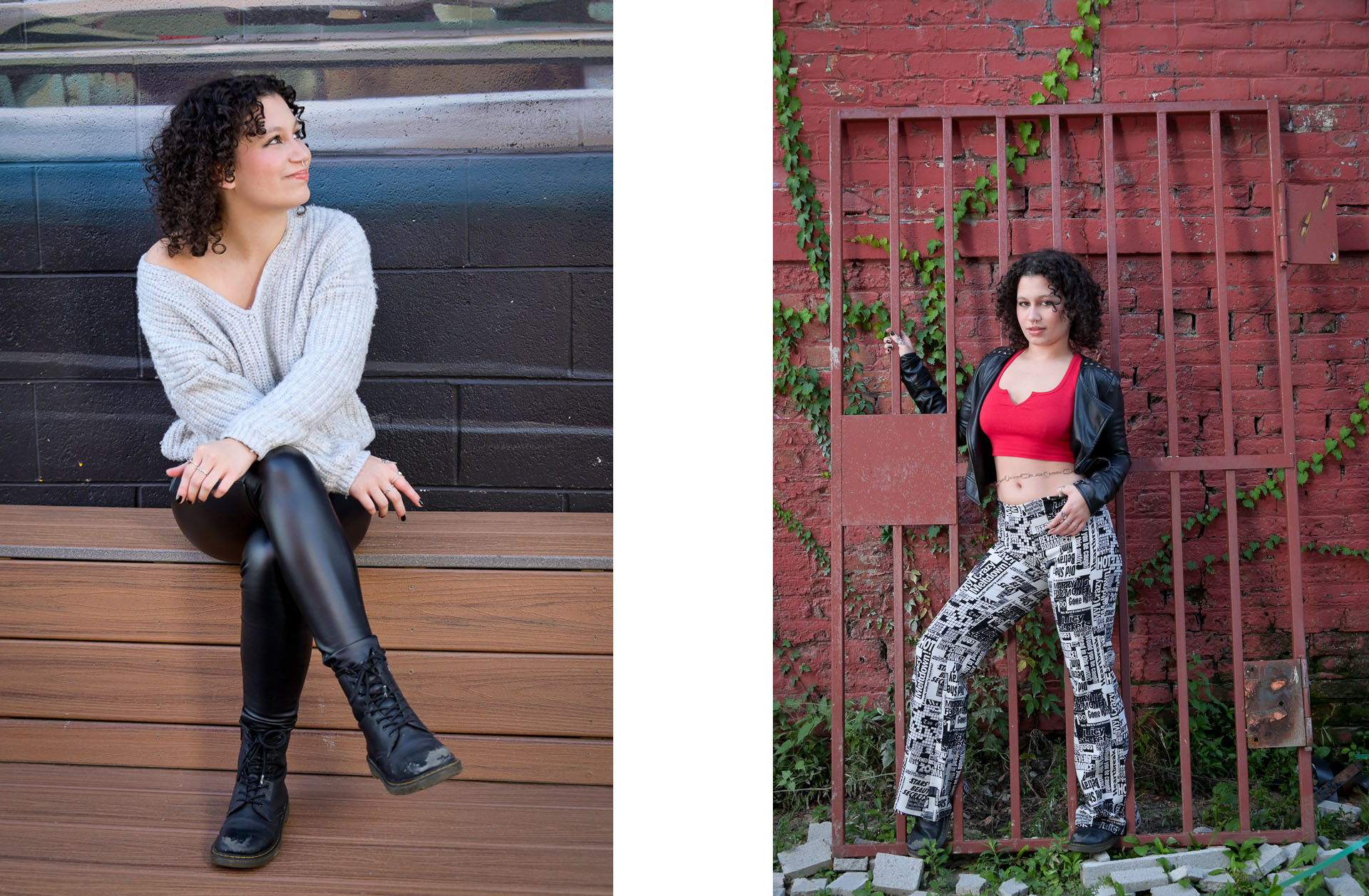 Birmingham Groves senior in dramatic, personality driven senior photos using found things downtown Detroit to add artistic flare to her senior pics.