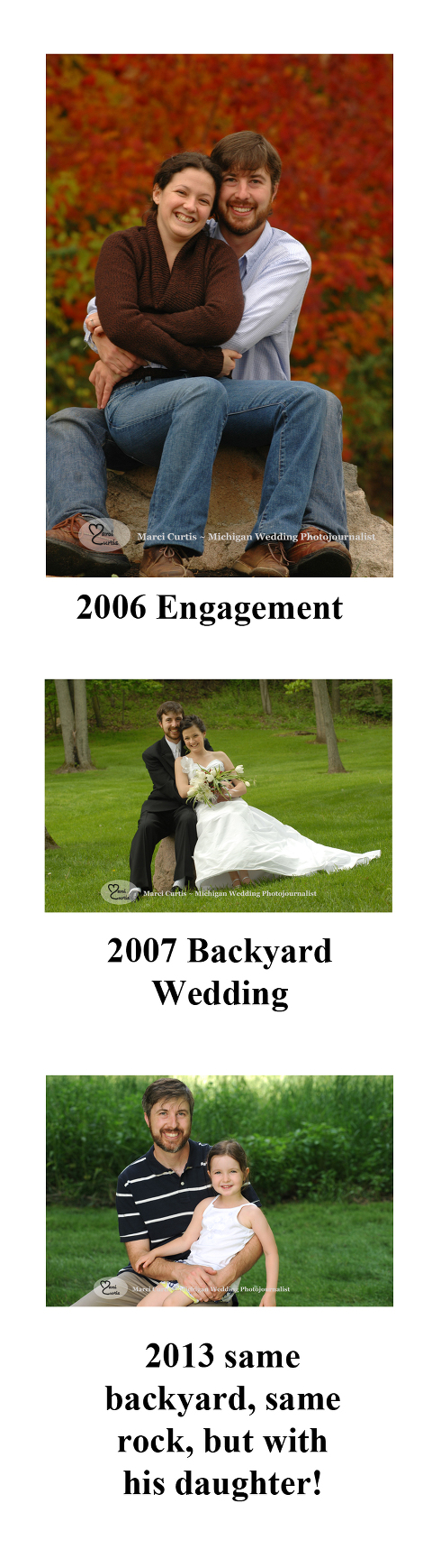 Michigan wedding photographer showing same couple's engagement, wedding and family photo.