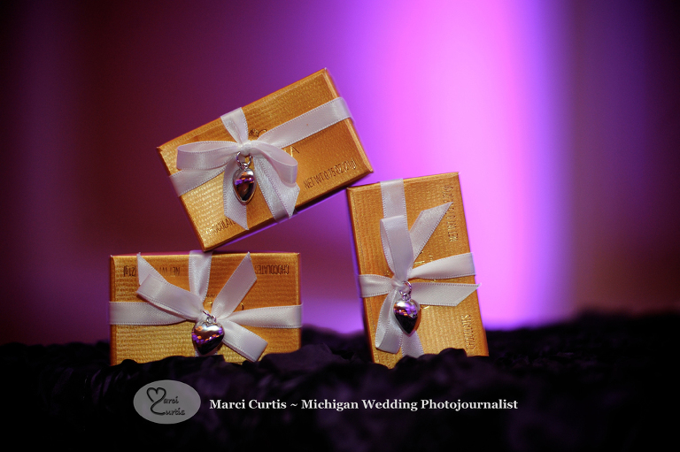 Wedding photography of a Michigan bride and groom's wedding favors in Dearborn, Michigan at their wedding reception at The Henry.